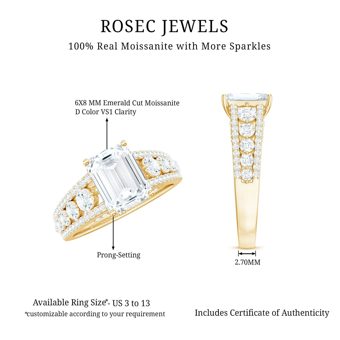 Certified Emerald Cut Moissanite Solitaire Engagement Ring for Women