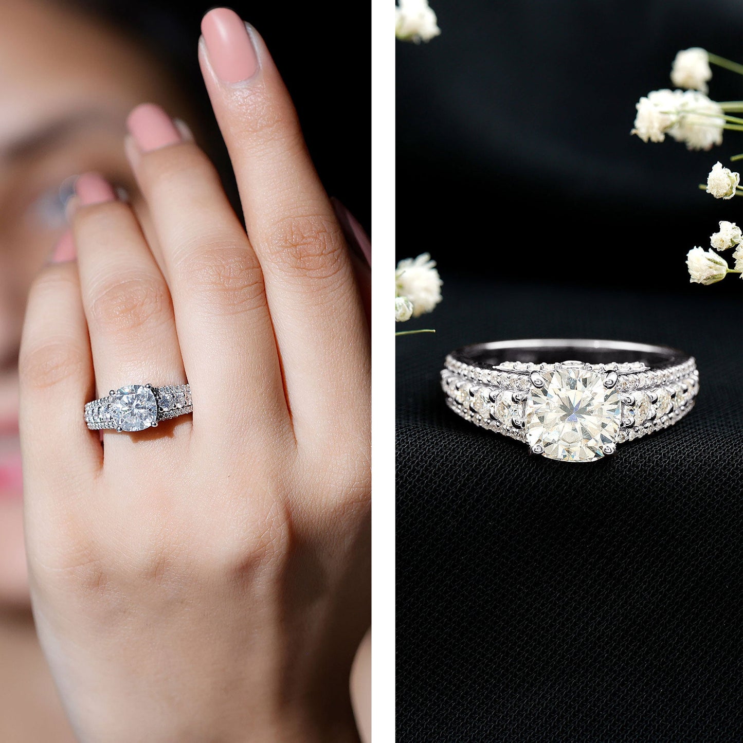 3 Carat Cushion Cut Moissanite Engagement Ring with Side Stones