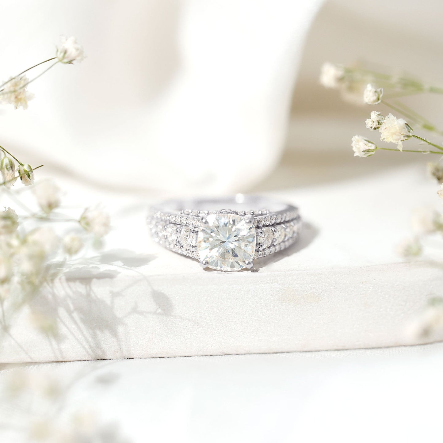 3 Carat Cushion Cut Moissanite Engagement Ring with Side Stones