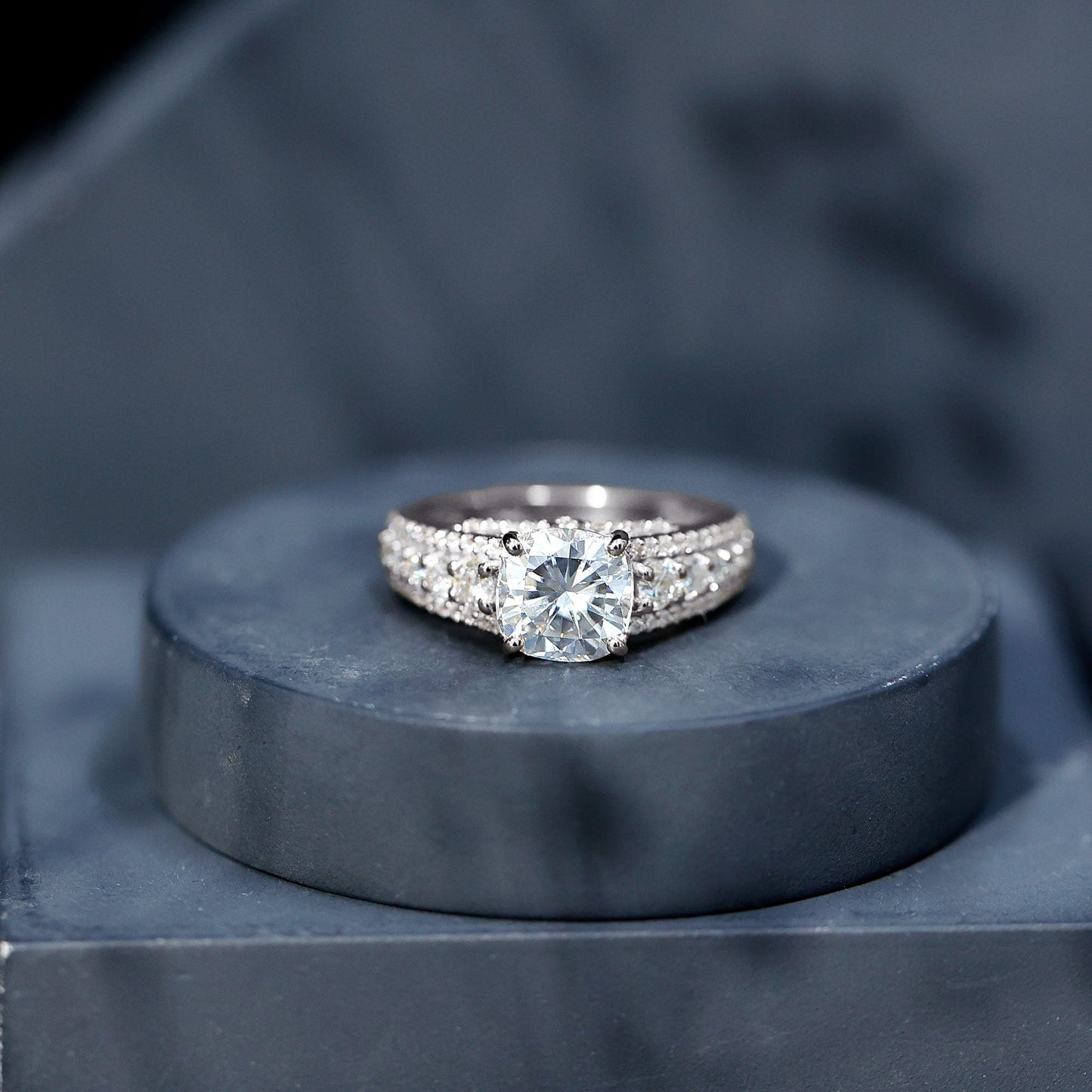 3 Carat Cushion Cut Moissanite Engagement Ring with Side Stones
