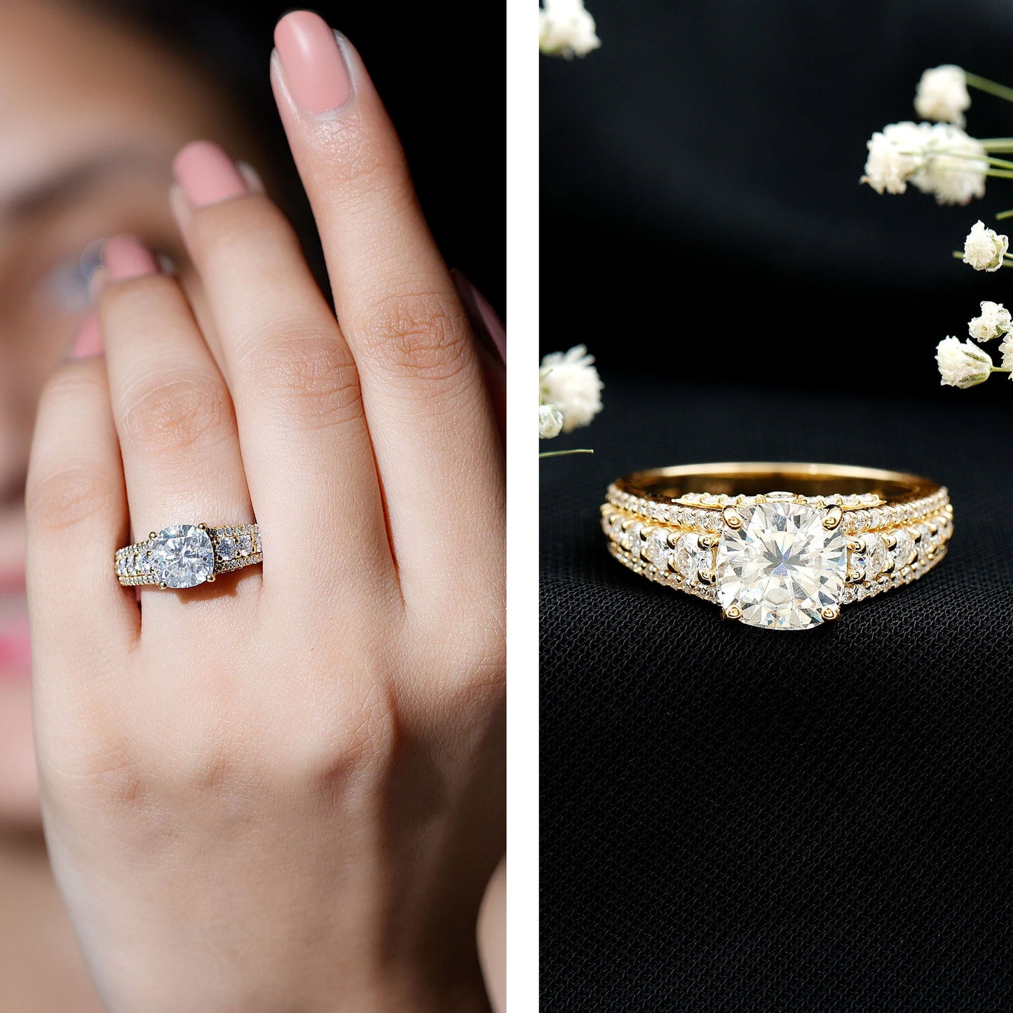 3 Carat Cushion Cut Moissanite Engagement Ring with Side Stones