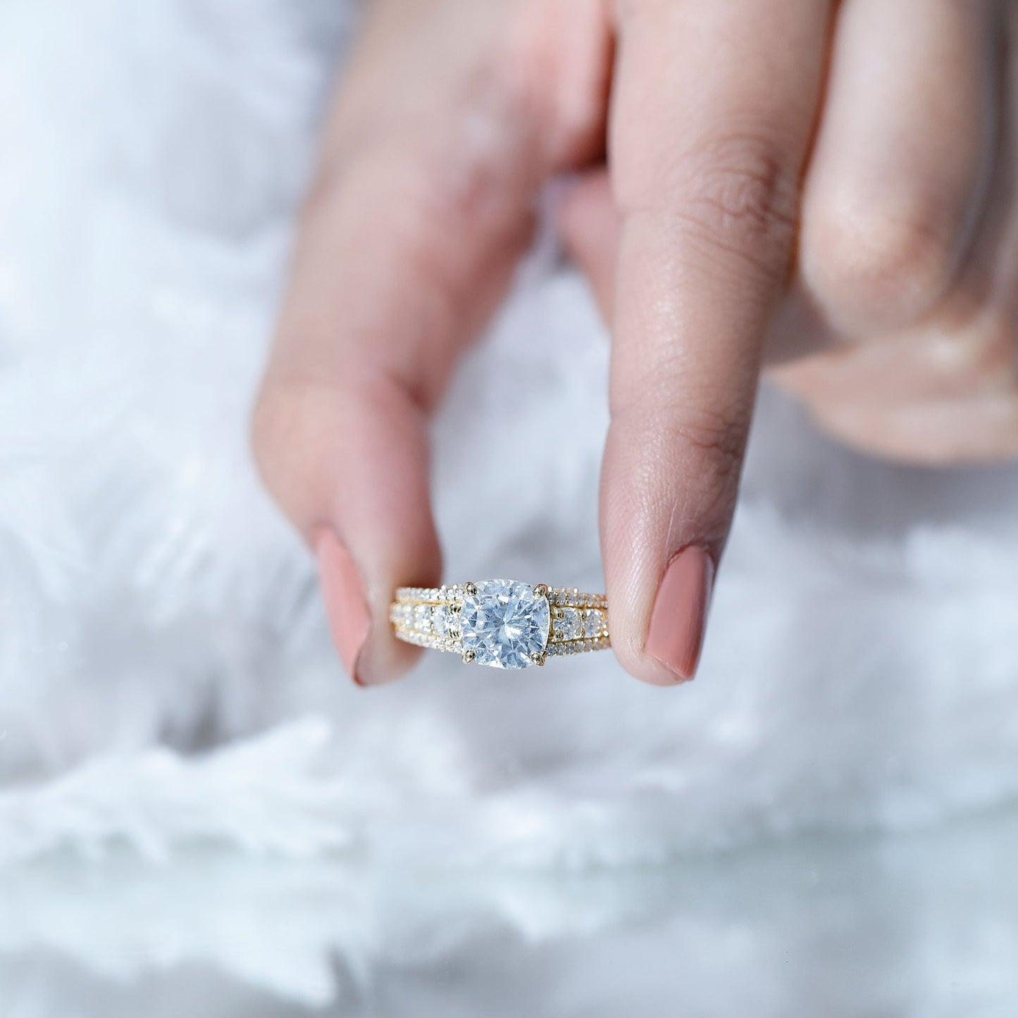 3 Carat Cushion Cut Moissanite Engagement Ring with Side Stones