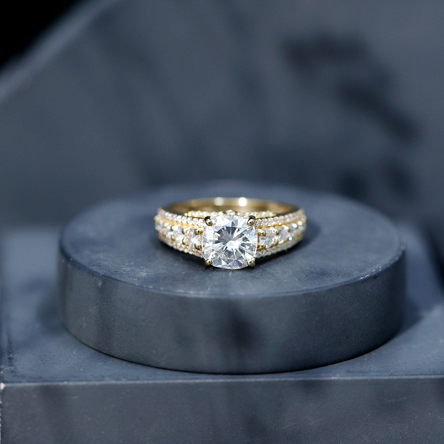3 Carat Cushion Cut Moissanite Engagement Ring with Side Stones
