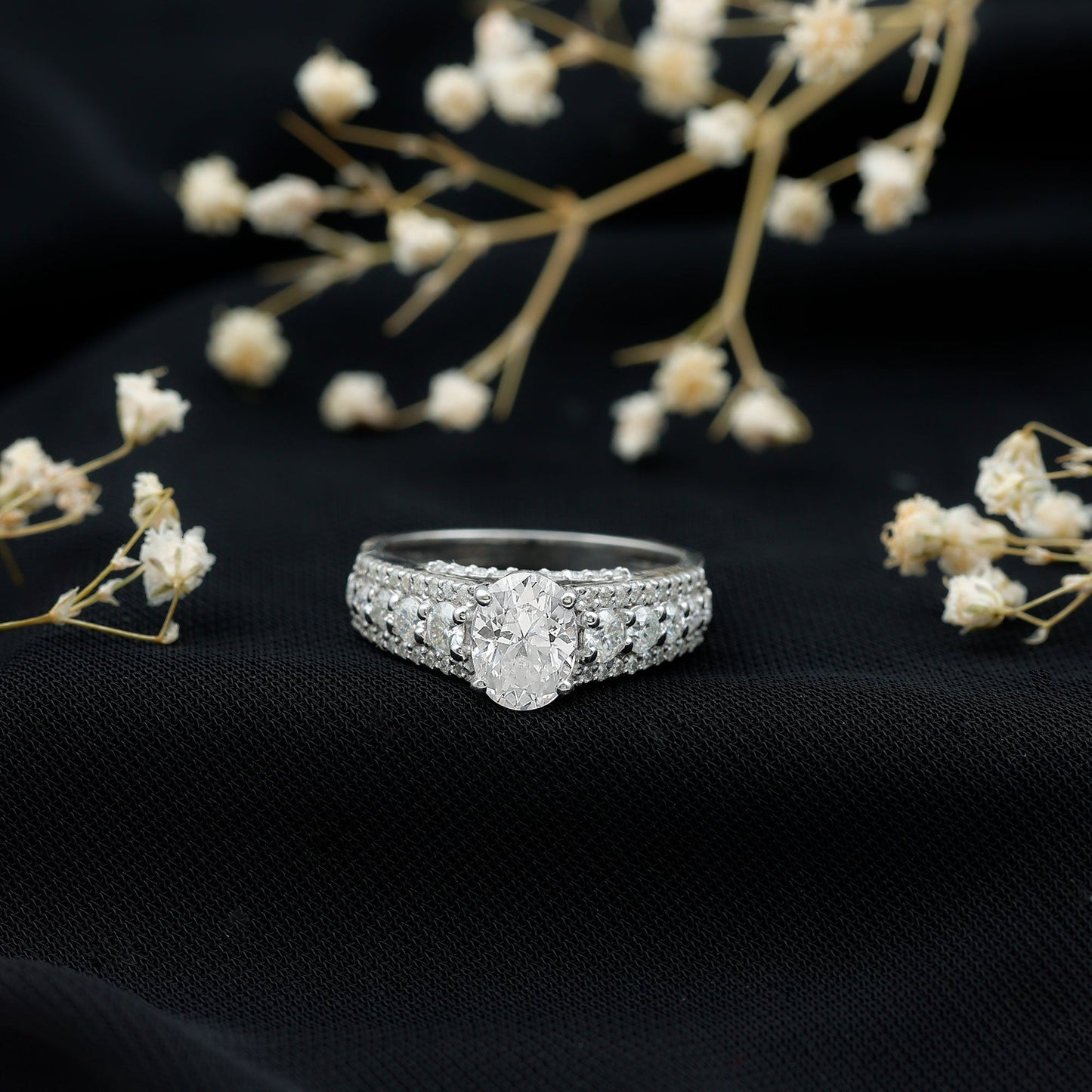 Certified Moissanite Oval Engagement Ring with Side Stones