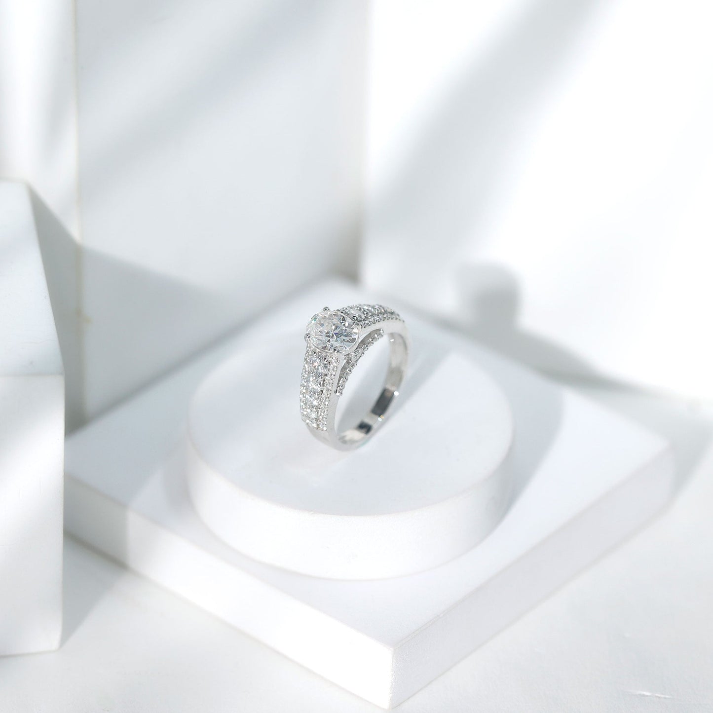 Certified Moissanite Oval Engagement Ring with Side Stones