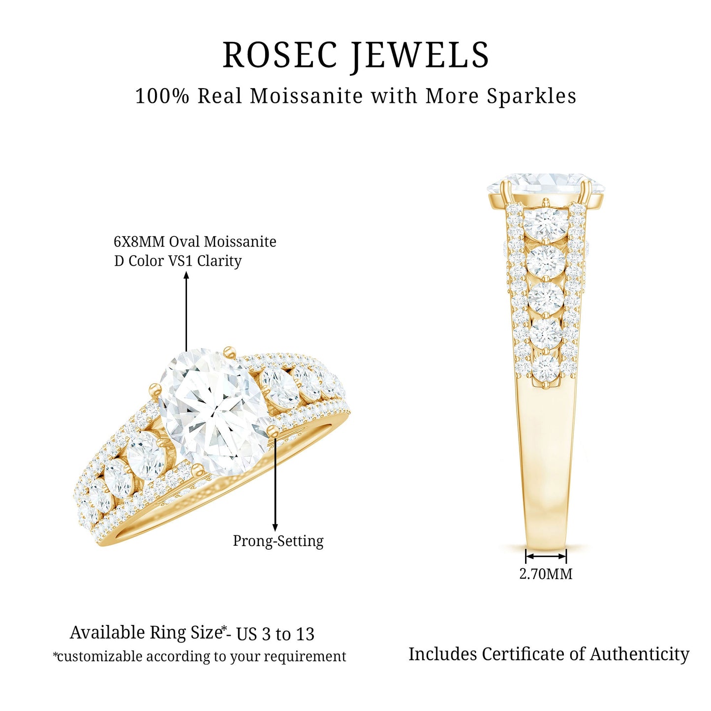 Certified Moissanite Oval Engagement Ring with Side Stones