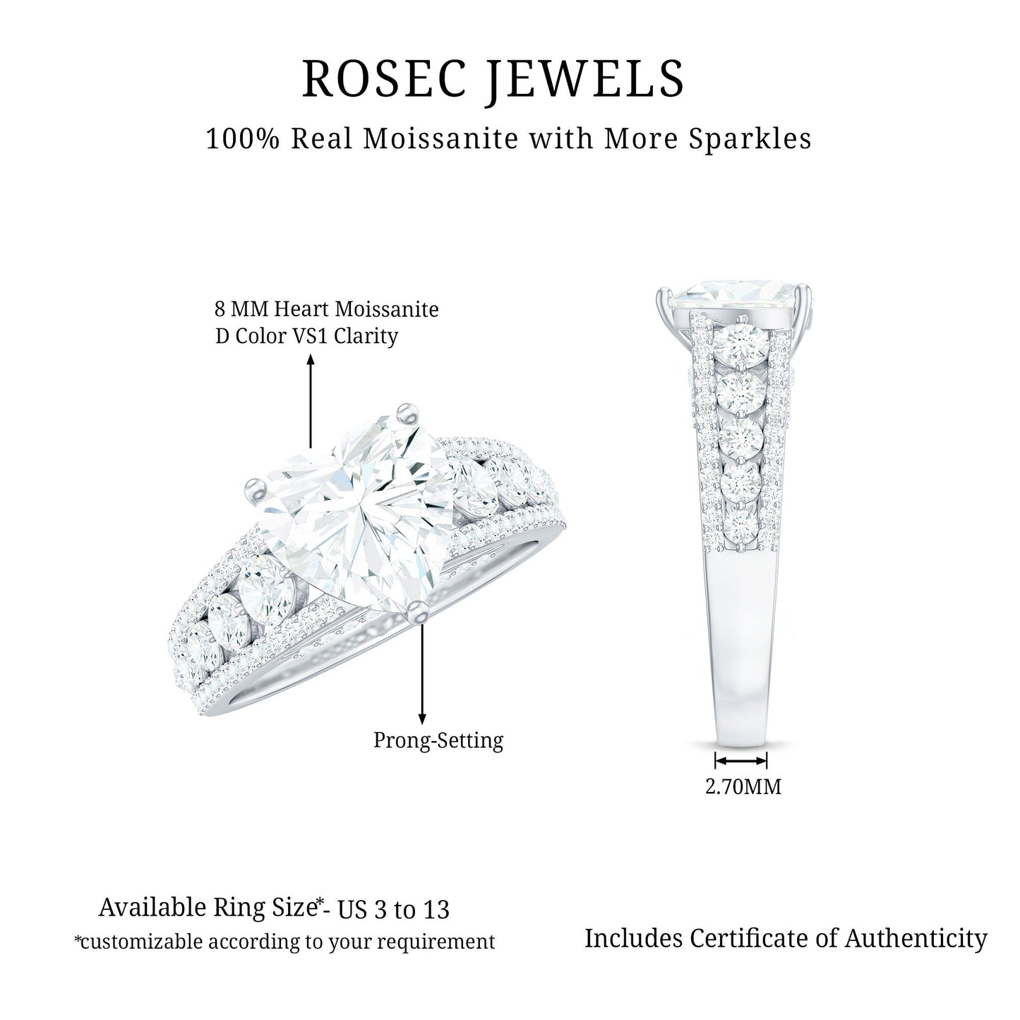 2 Carat Heart Moissanite Solitaire Statement Ring With Side Stones