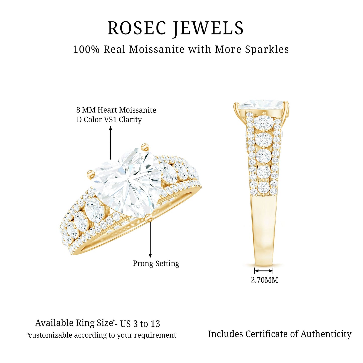 2 Carat Heart Moissanite Solitaire Statement Ring With Side Stones