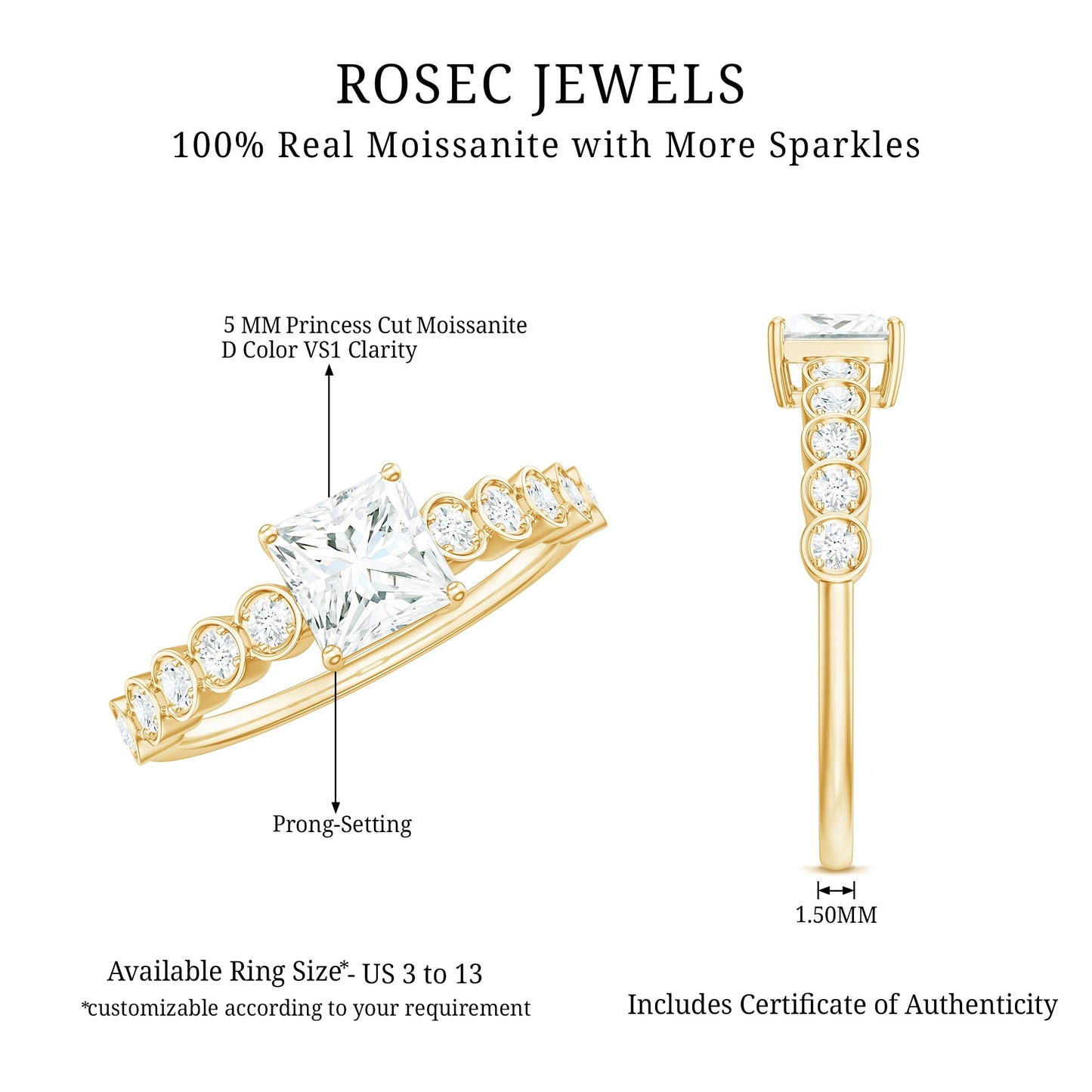 Square Cut Moissanite Engagement Ring with Side Stones