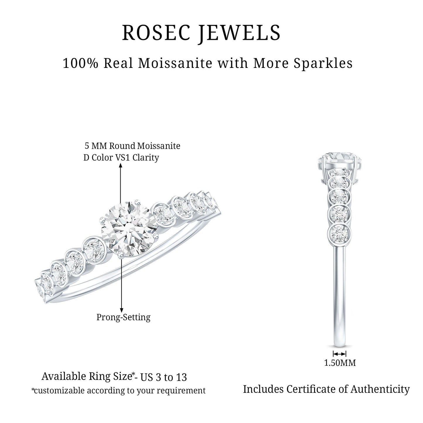 Certified 0.5 Carat Round Moissanite Engagement Ring with Side Stones