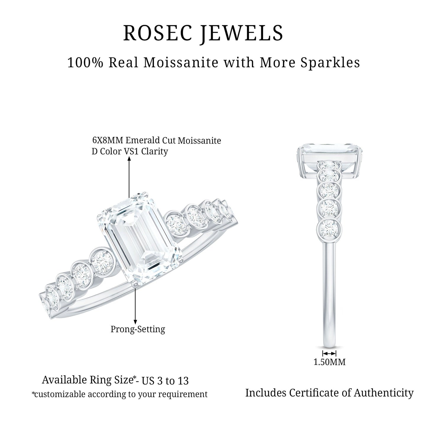 Certified Emerald Cut Moissanite Solitaire Engagement Ring with Side Stones