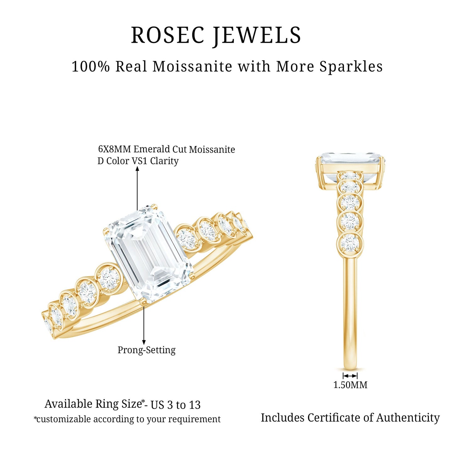 Certified Emerald Cut Moissanite Solitaire Engagement Ring with Side Stones