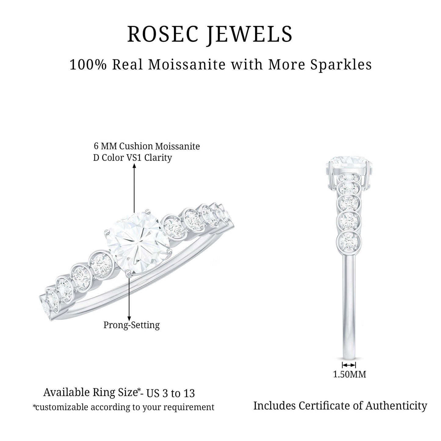 1.7 Carat Cushion Cut Moissanite Solitaire Engagement Ring with Side Stones