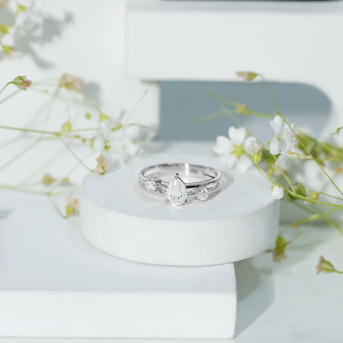 Pear Cut Moissanite Engagement Ring with Double Band