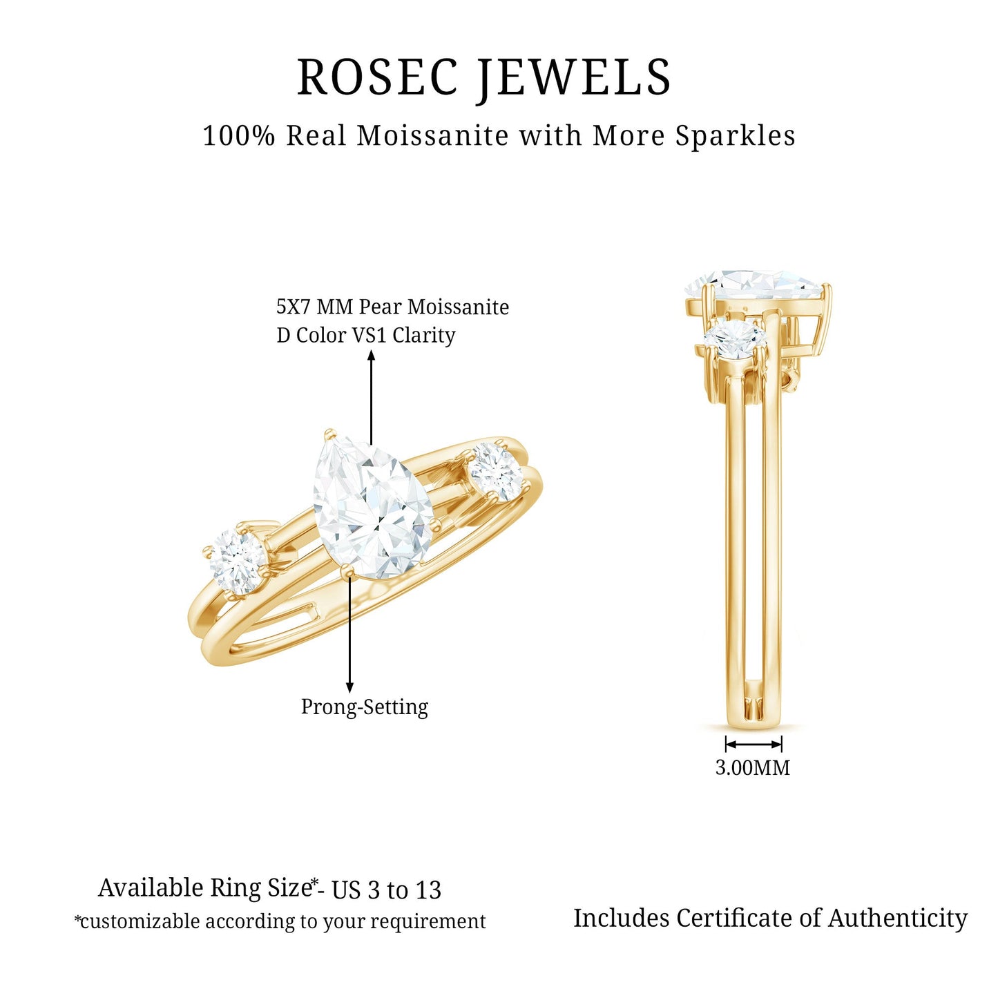Pear Cut Moissanite Engagement Ring with Double Band