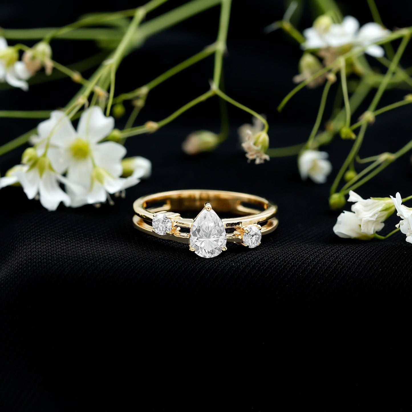 Pear Cut Moissanite Engagement Ring with Double Band