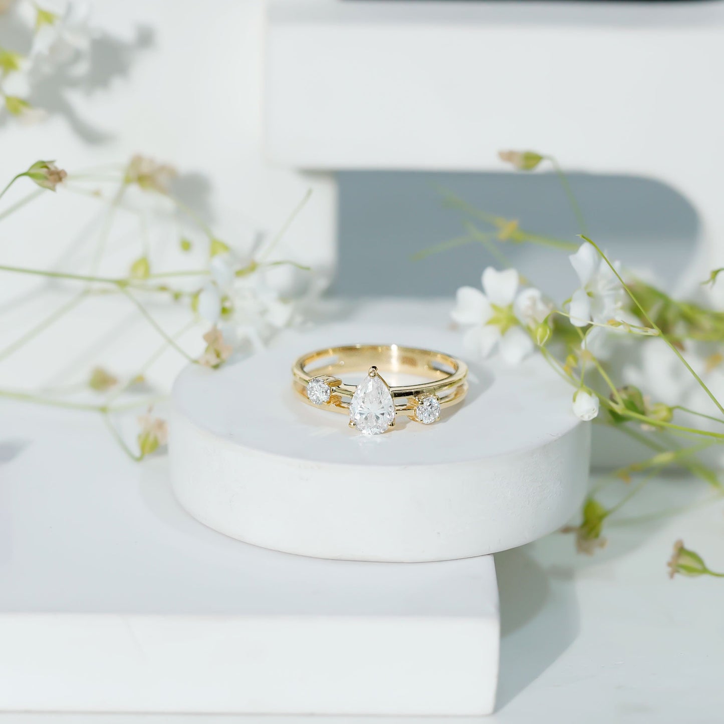 Pear Cut Moissanite Engagement Ring with Double Band