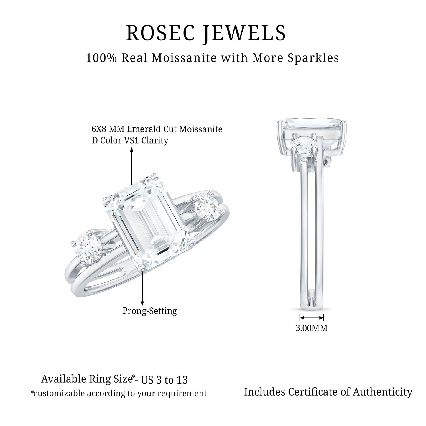 1.8 Carat Emerald Cut Moissanite Solitaire Double Band Engagement Ring