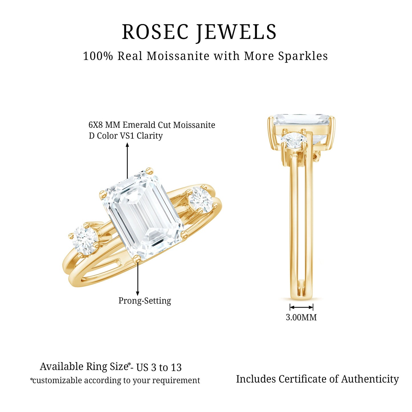 1.8 Carat Emerald Cut Moissanite Solitaire Double Band Engagement Ring