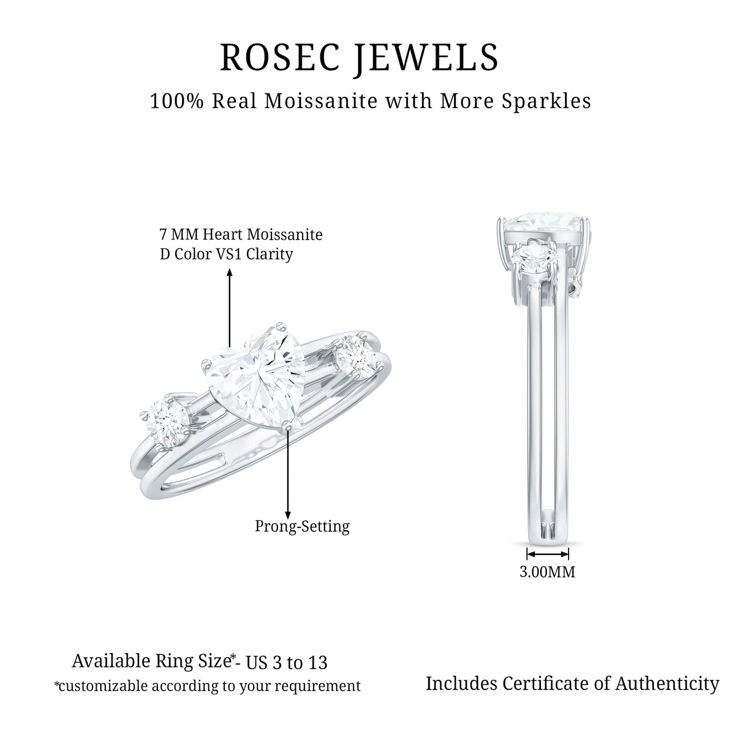 1.5 Carat Heart Shape Moissanite Solitaire Double Band Engagement Ring