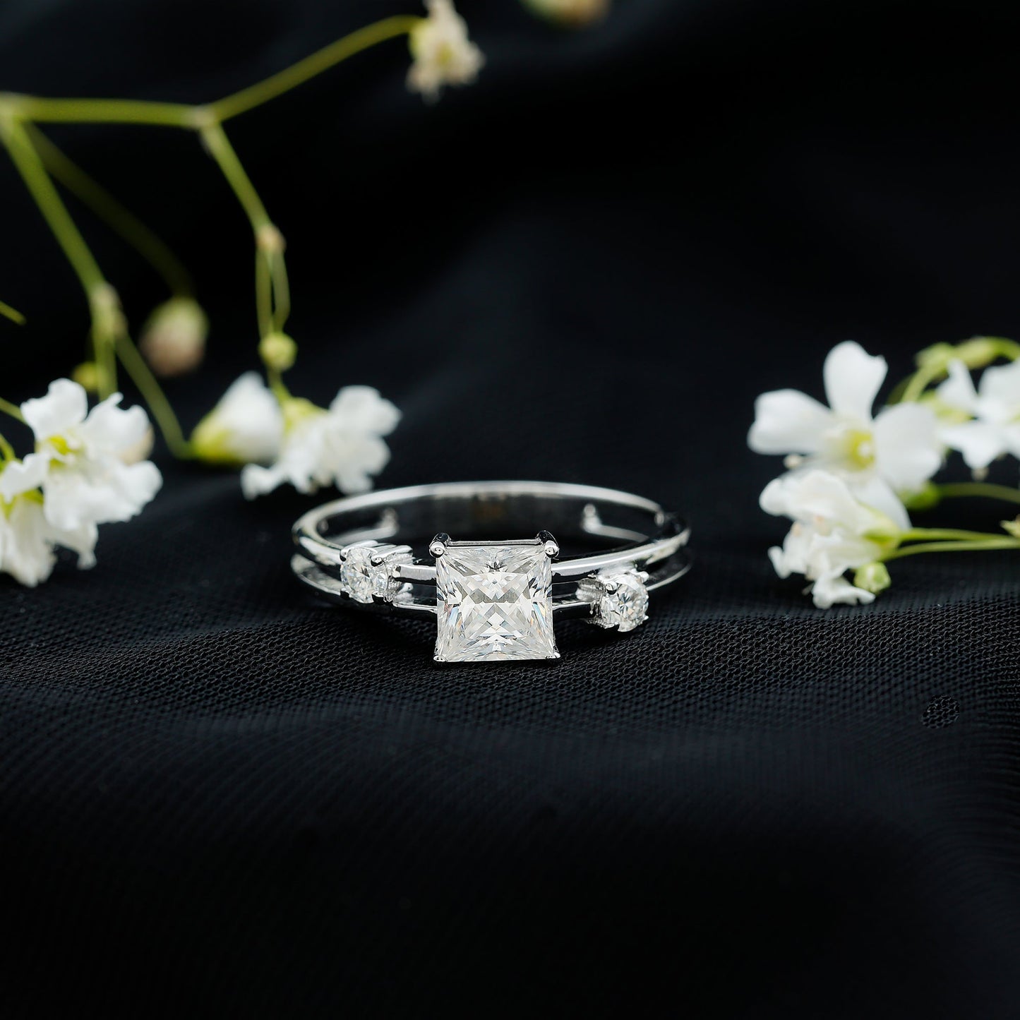 Princess Cut Moissanite Engagement Ring with Double Band