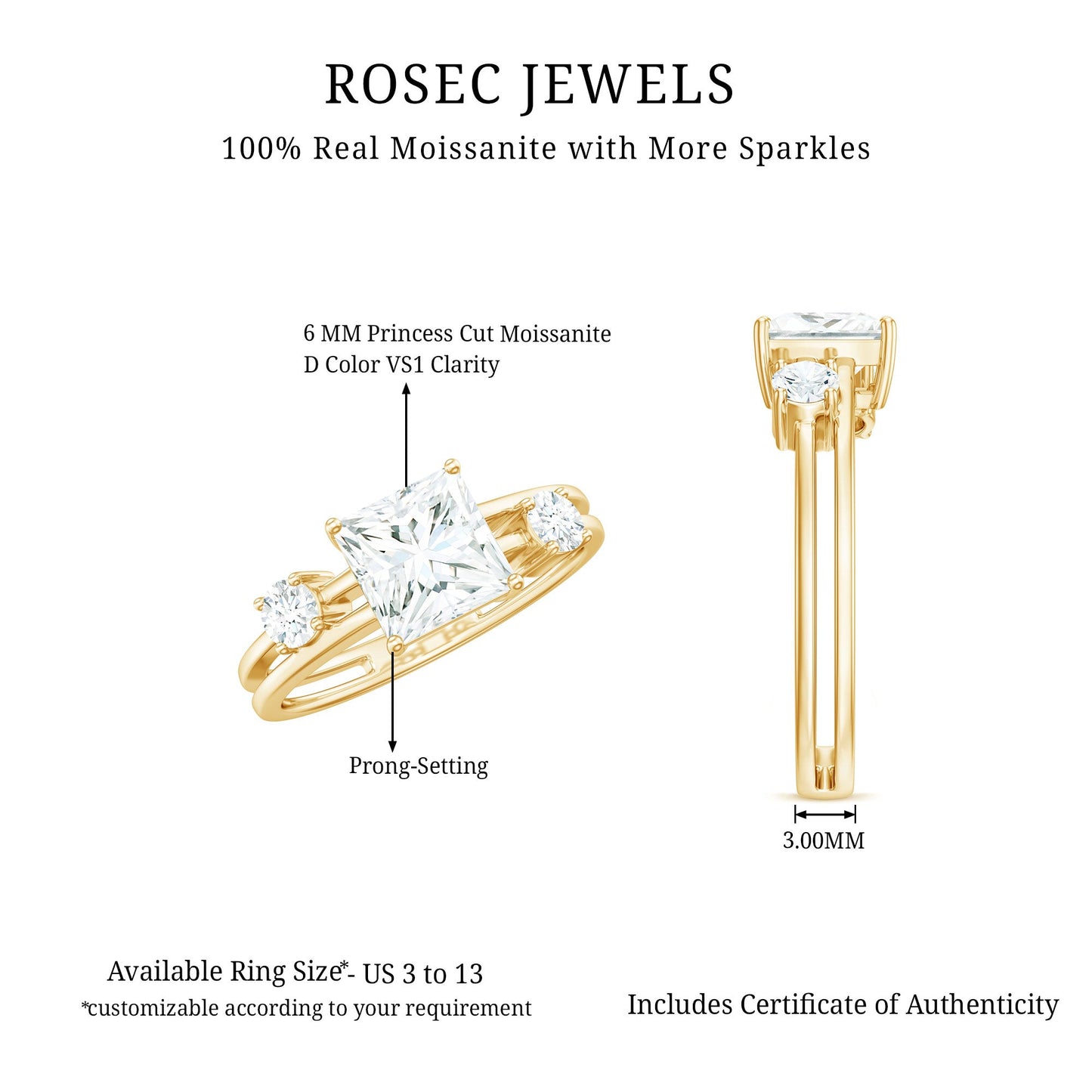 Princess Cut Moissanite Engagement Ring with Double Band