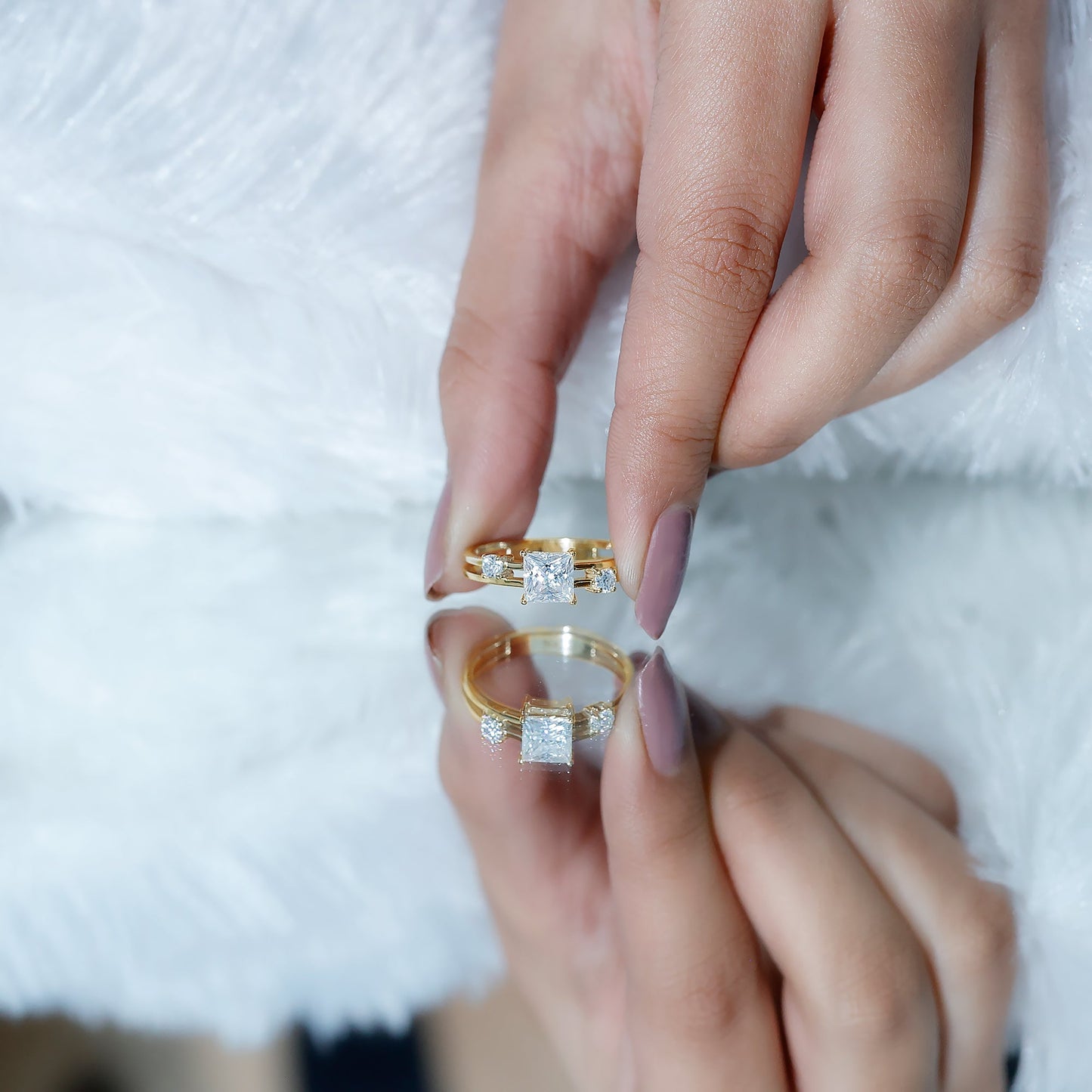 Princess Cut Moissanite Engagement Ring with Double Band