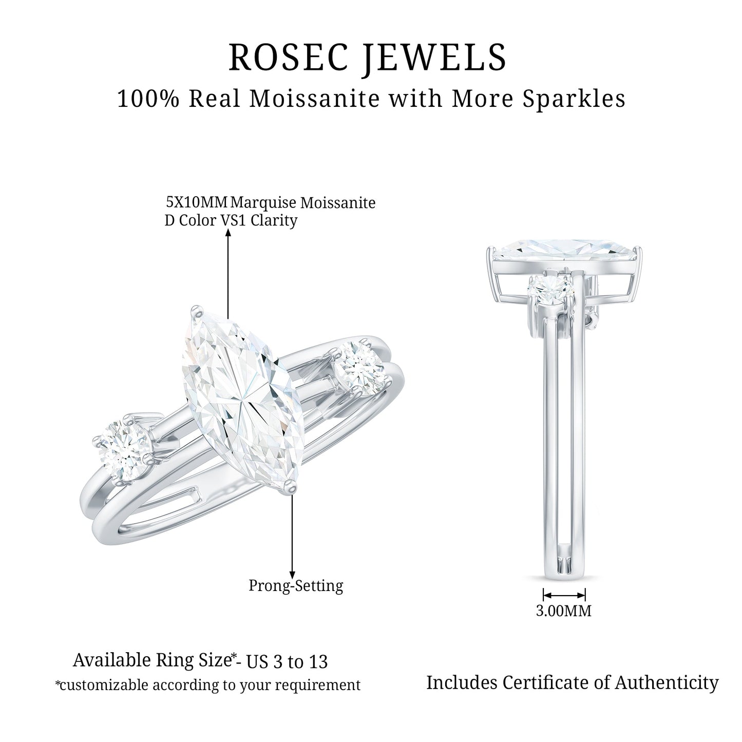 Certified Moissanite Marquise Engagement Ring