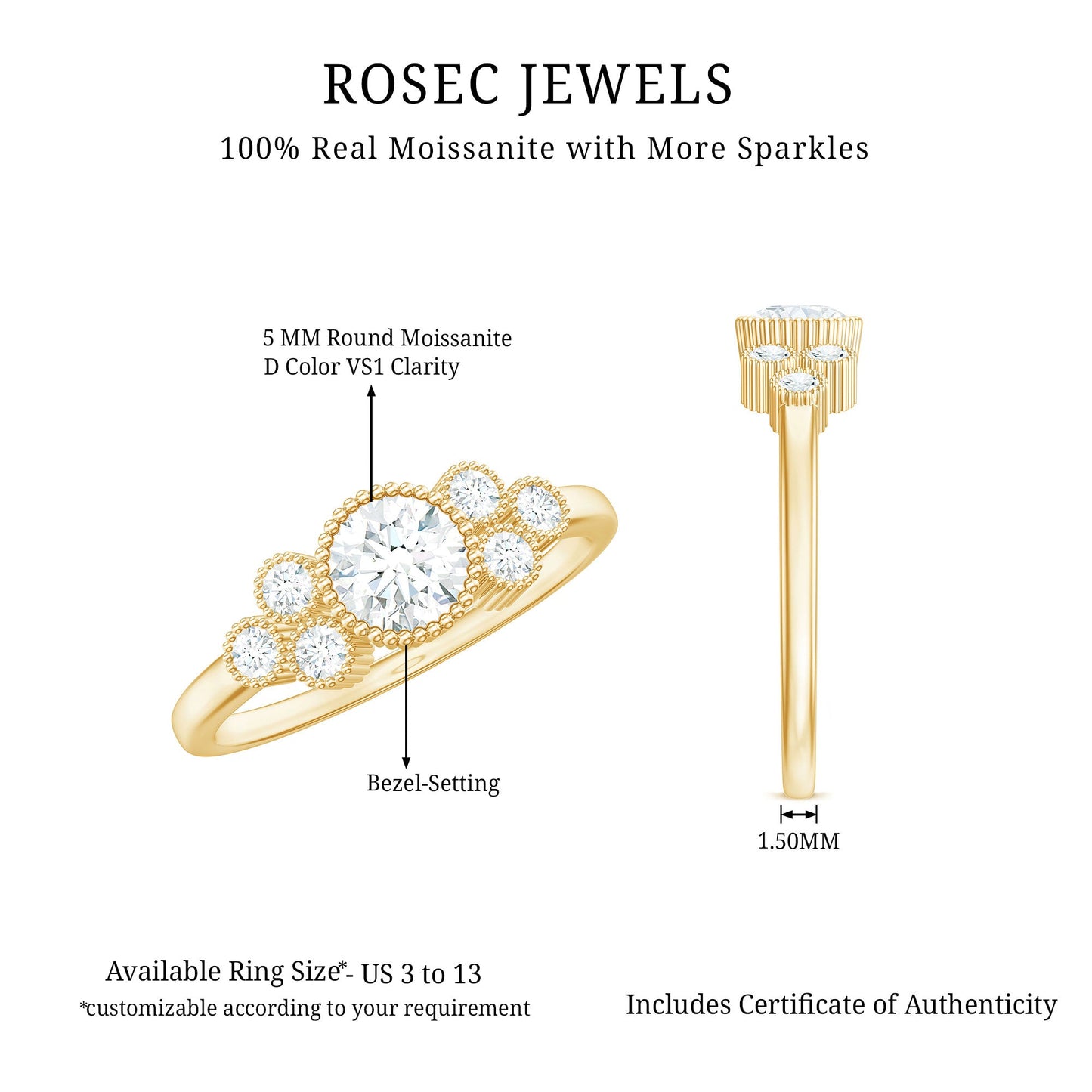 Moissanite Classic Engagement Ring with Beaded Details