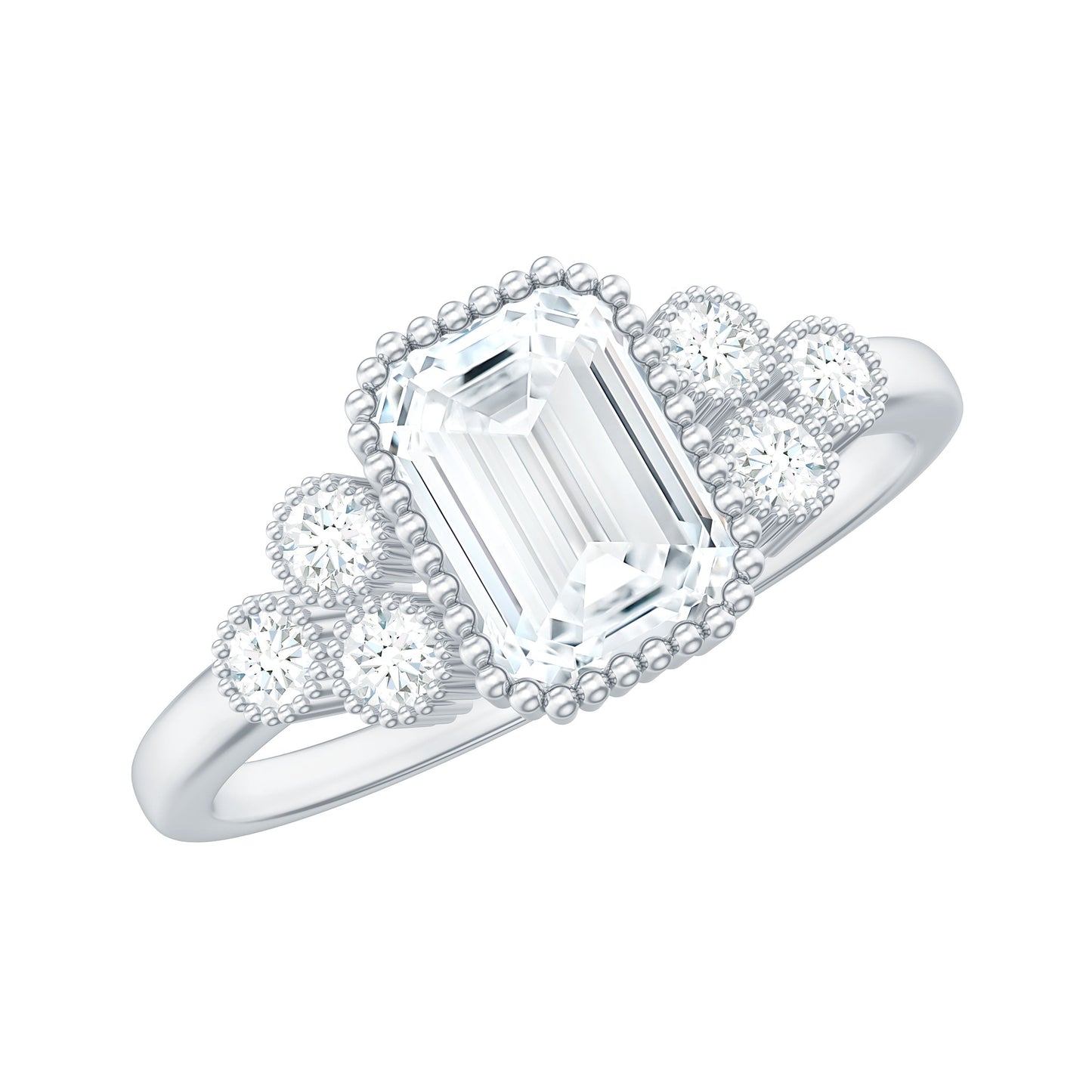 1.8 Carat Emerald Cut Moissanite Classic Engagement Ring with Beaded Details