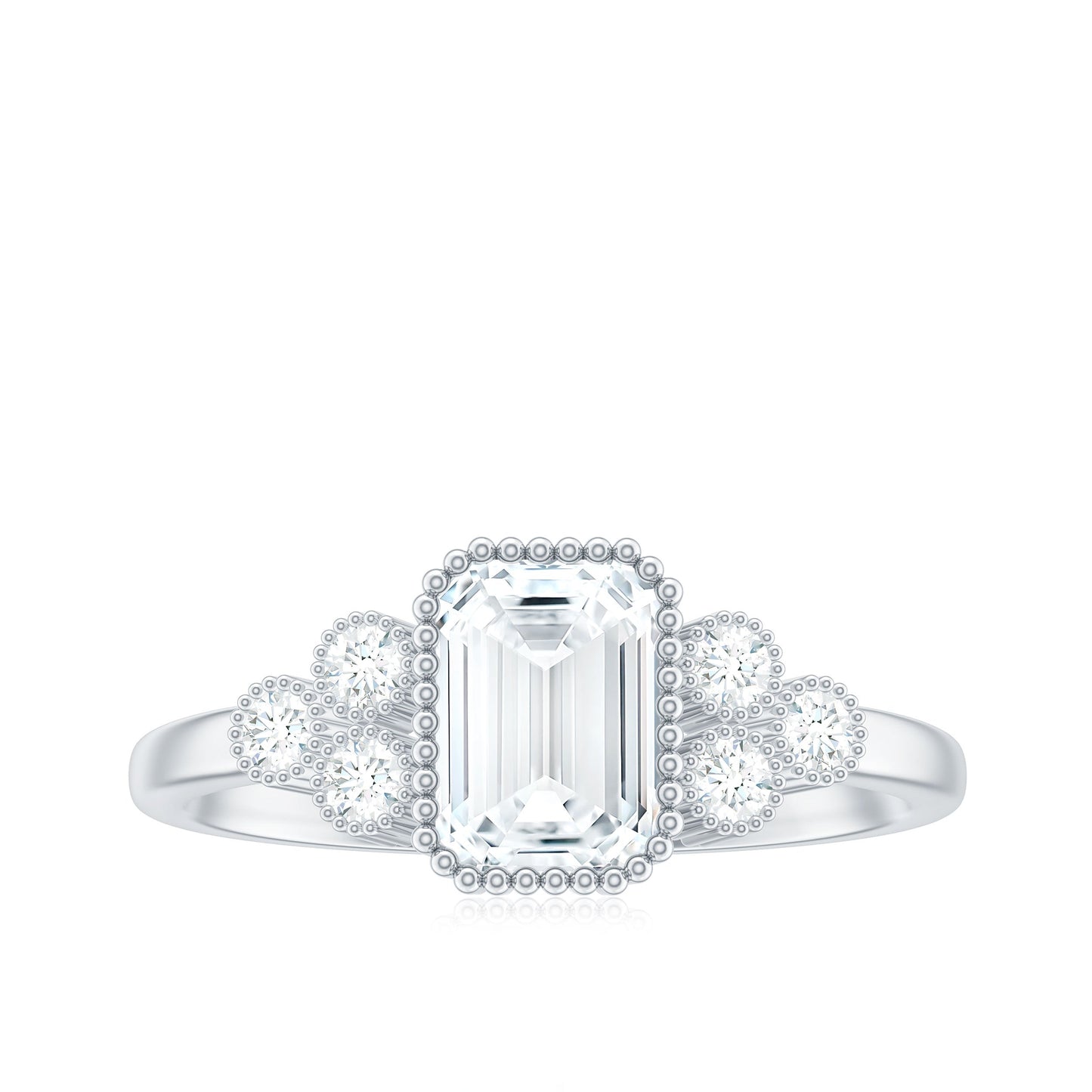 1.8 Carat Emerald Cut Moissanite Classic Engagement Ring with Beaded Details