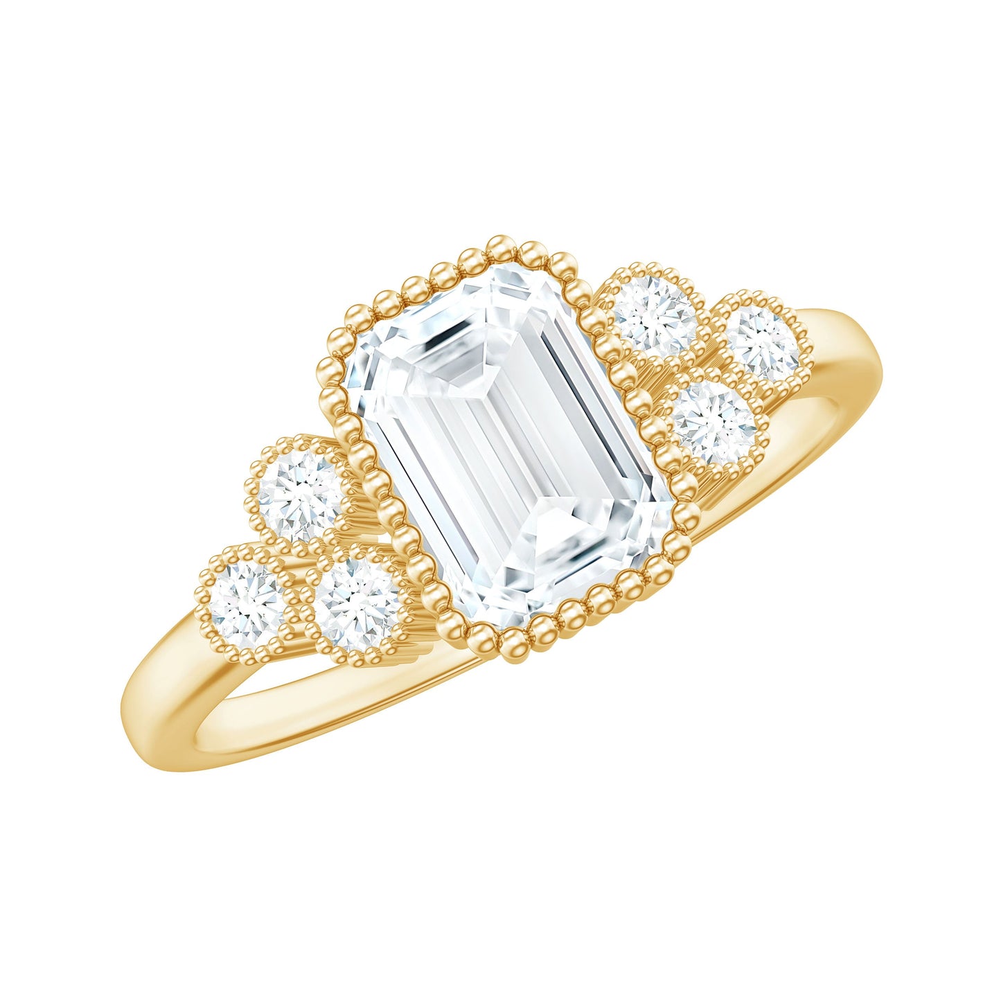 1.8 Carat Emerald Cut Moissanite Classic Engagement Ring with Beaded Details
