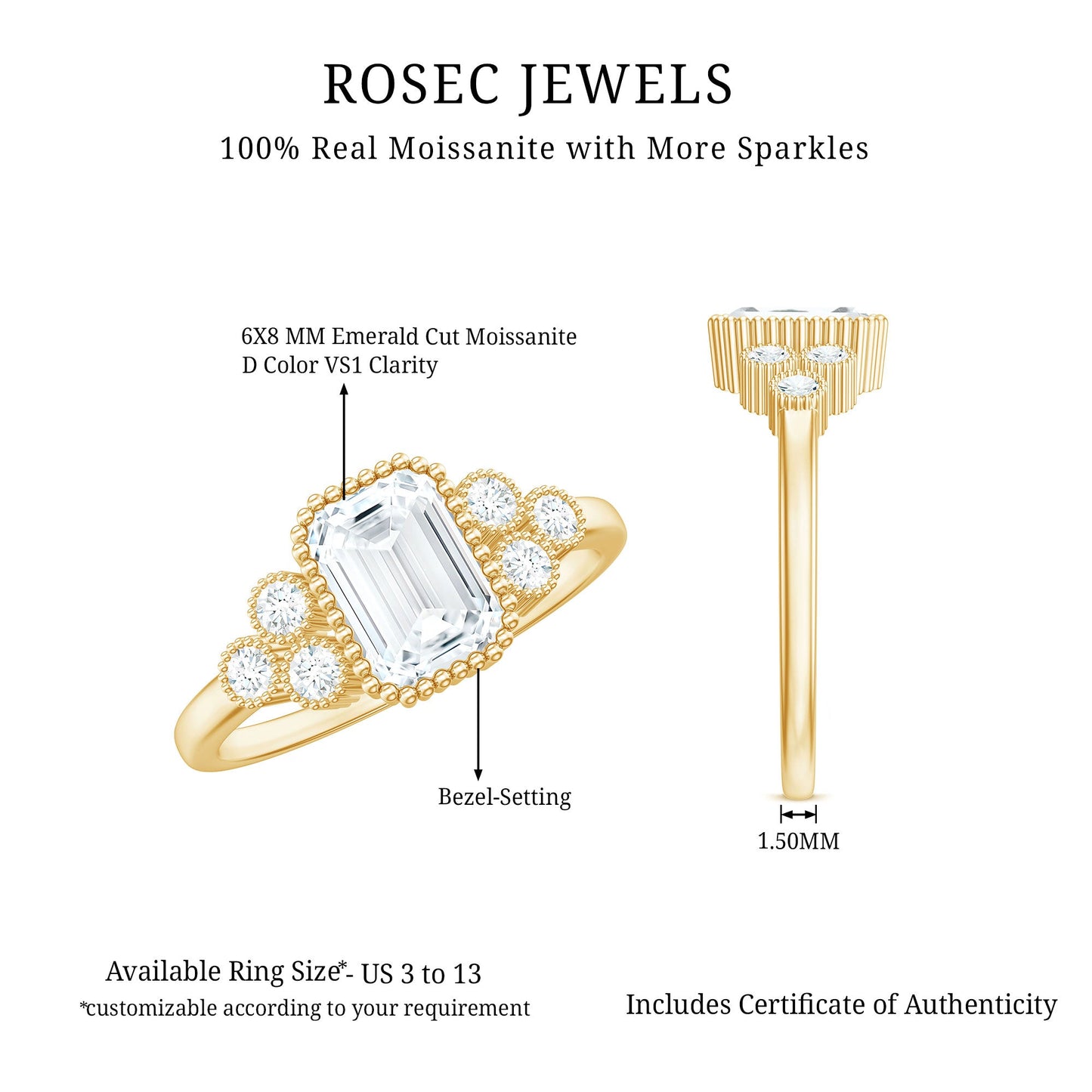 1.8 Carat Emerald Cut Moissanite Classic Engagement Ring with Beaded Details