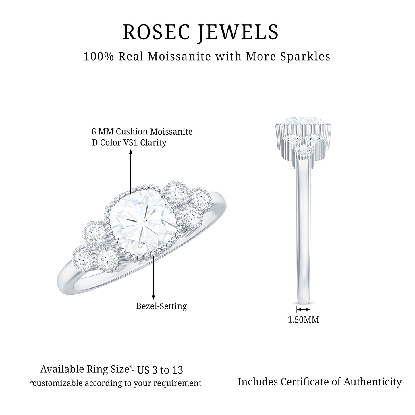 1.7 Carat Cushion Cut Moissanite Engagement Ring with Cluster Accent