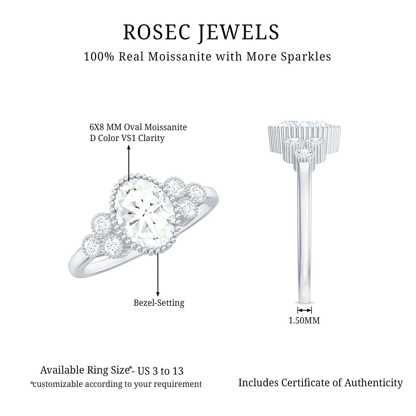1.2 Carat Oval Cut Moissanite Classic Engagement Ring with Trio