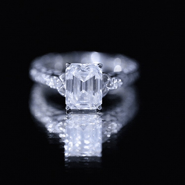 2.8 Carat Emerald Cut Moissanite Solitaire Celtic Ring with Engraved Shank