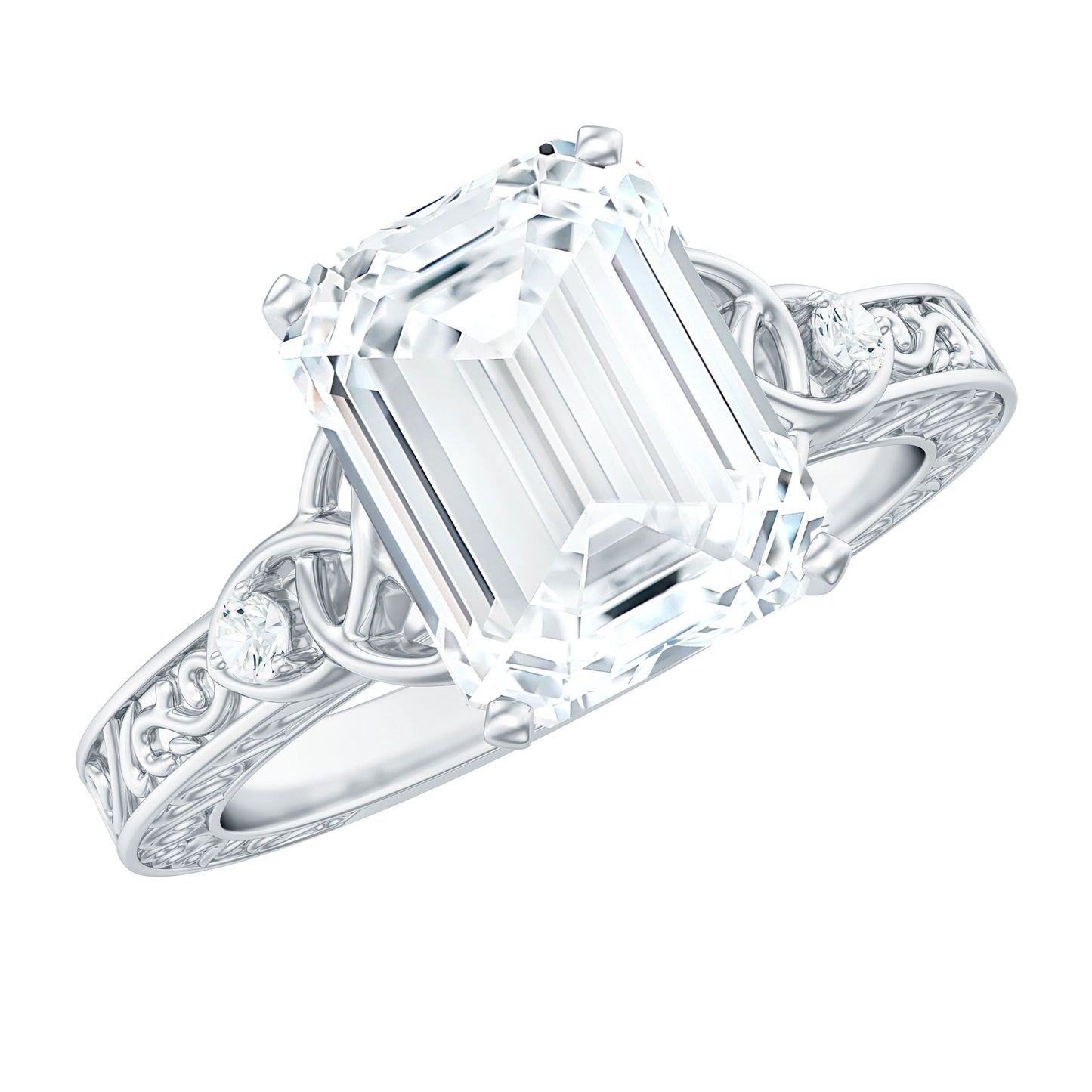 2.8 Carat Emerald Cut Moissanite Solitaire Celtic Ring with Engraved Shank