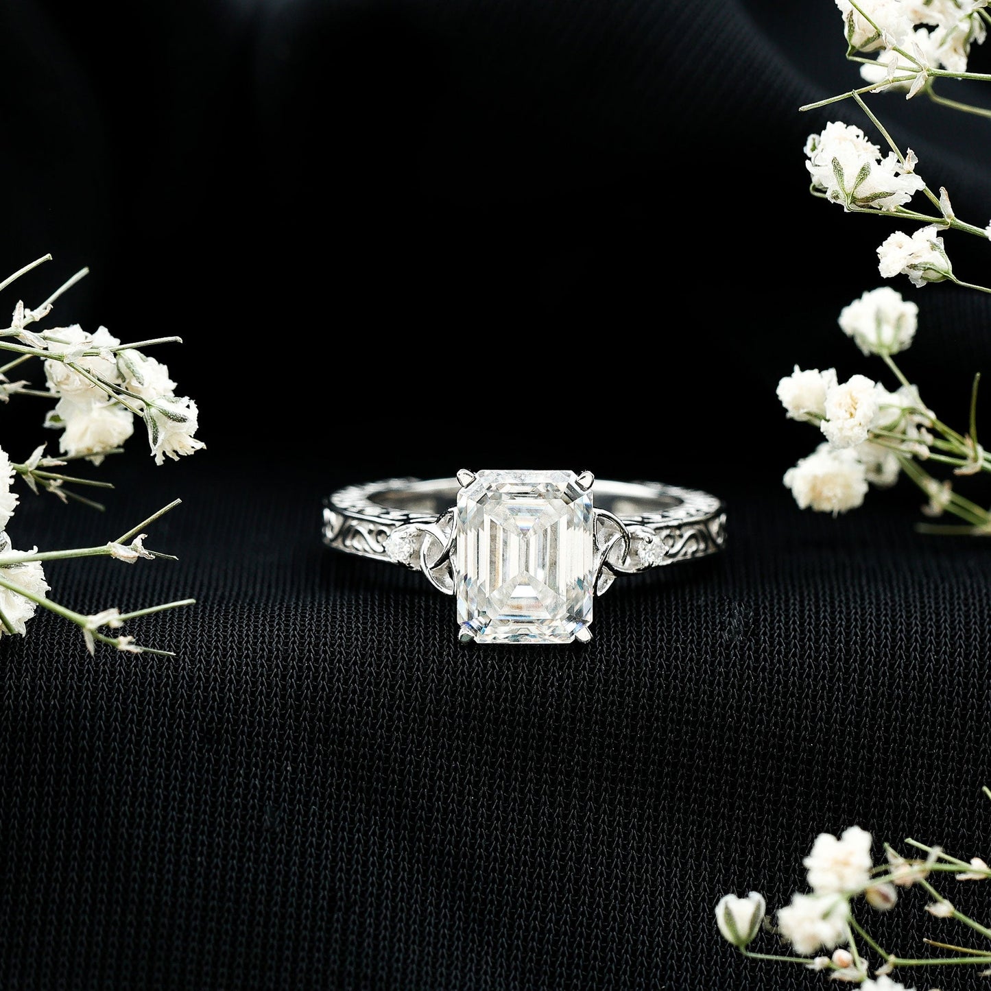 2.8 Carat Emerald Cut Moissanite Solitaire Celtic Ring with Engraved Shank