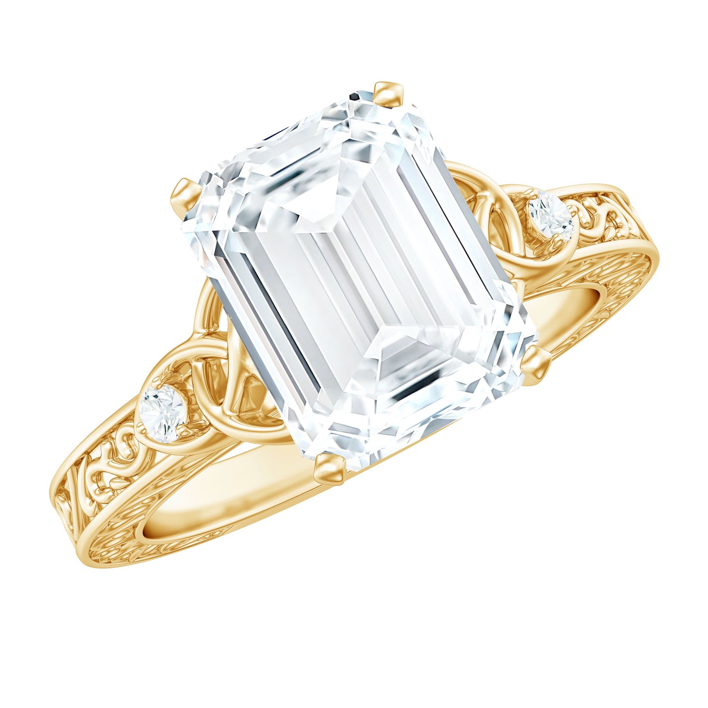 2.8 Carat Emerald Cut Moissanite Solitaire Celtic Ring with Engraved Shank