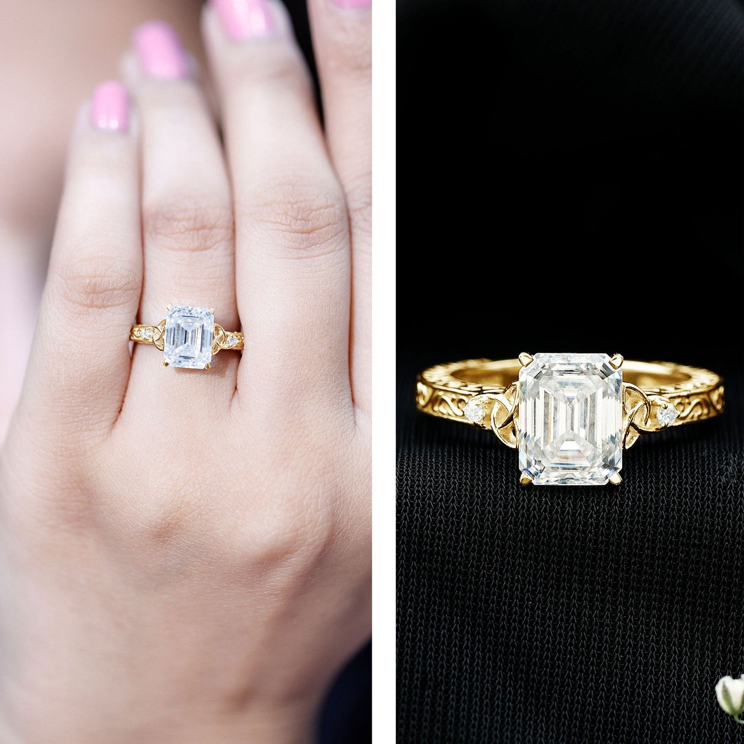 2.8 Carat Emerald Cut Moissanite Solitaire Celtic Ring with Engraved Shank