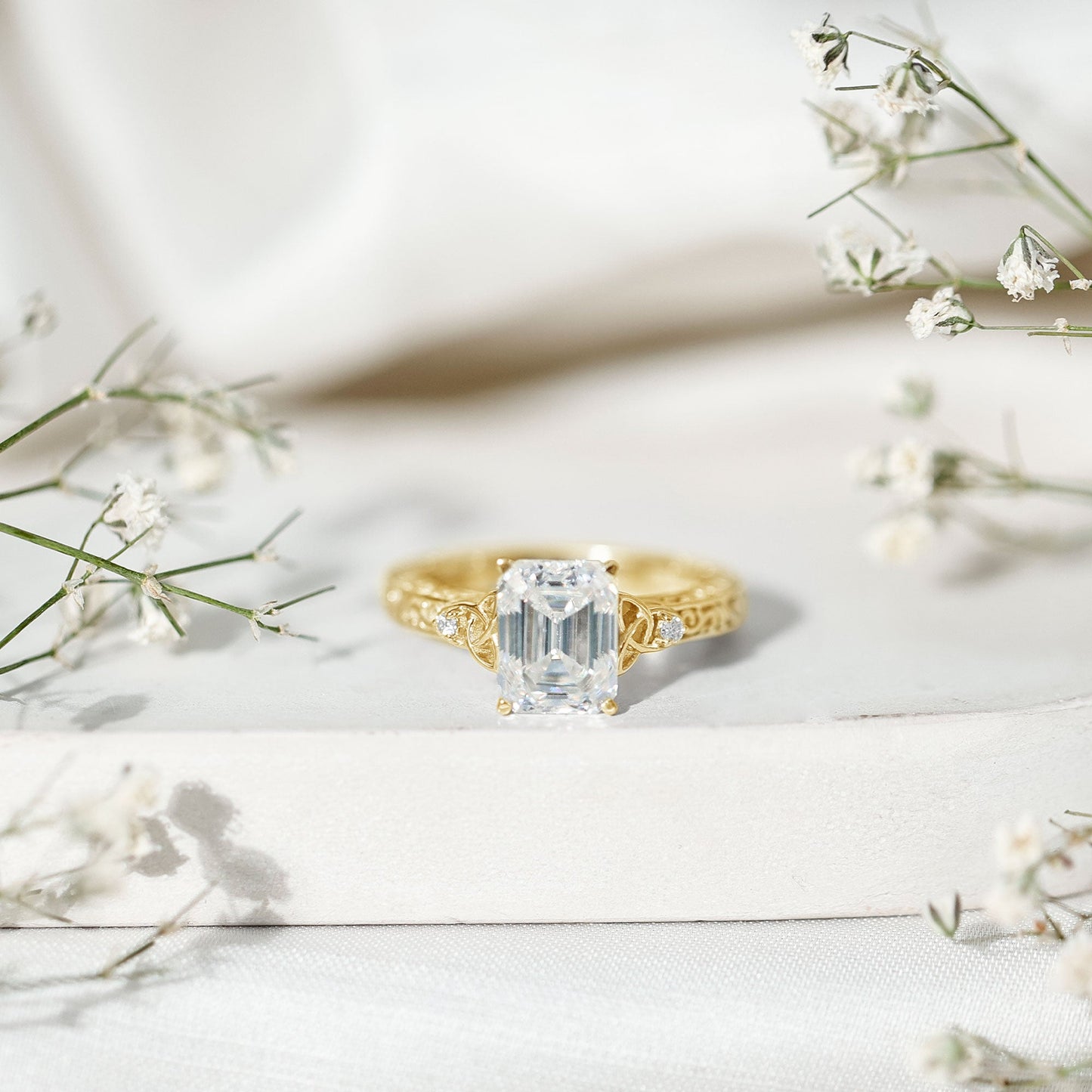 2.8 Carat Emerald Cut Moissanite Solitaire Celtic Ring with Engraved Shank