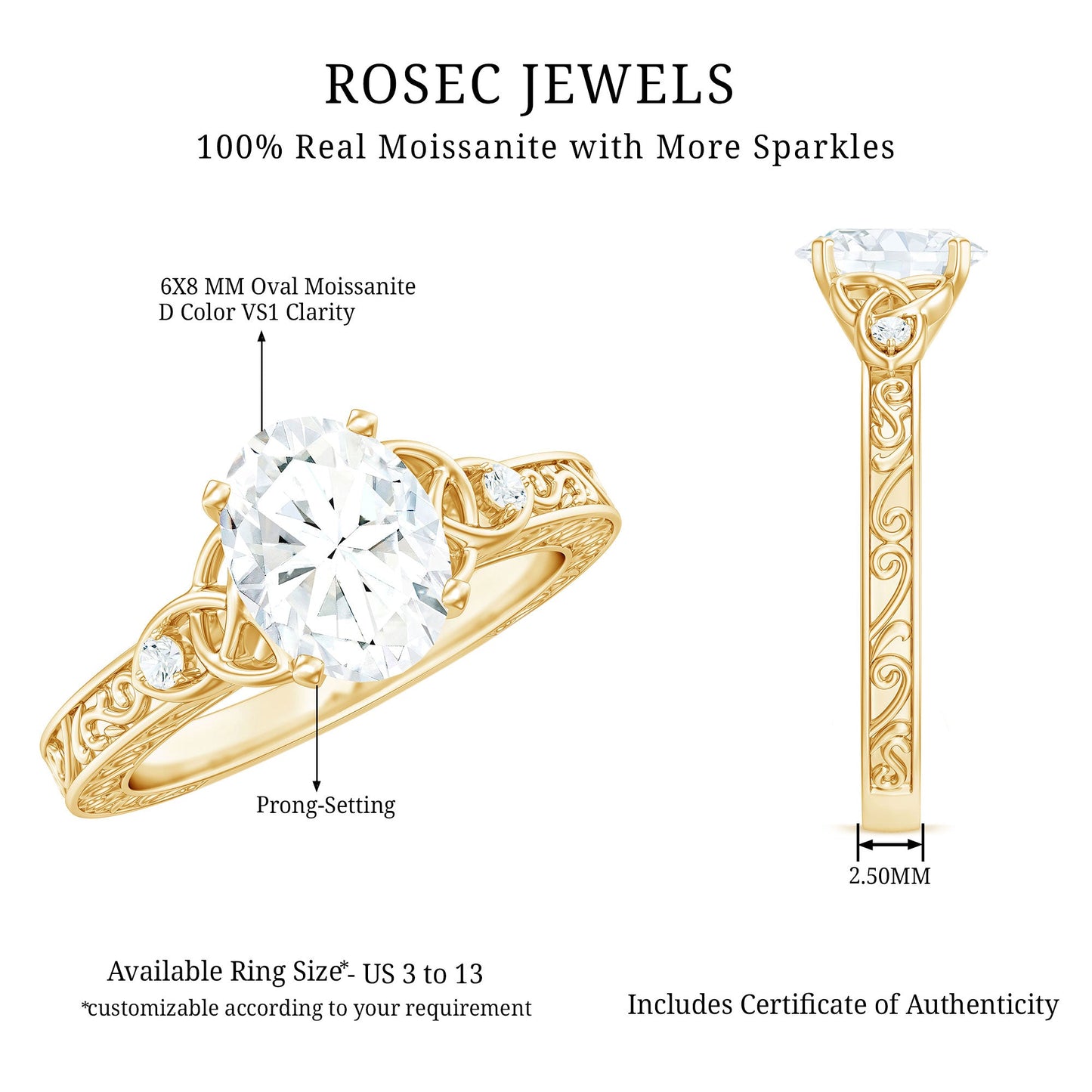 1.2 Carat Oval Cut Moissanite Celtic Engagement Ring with Engraving Details