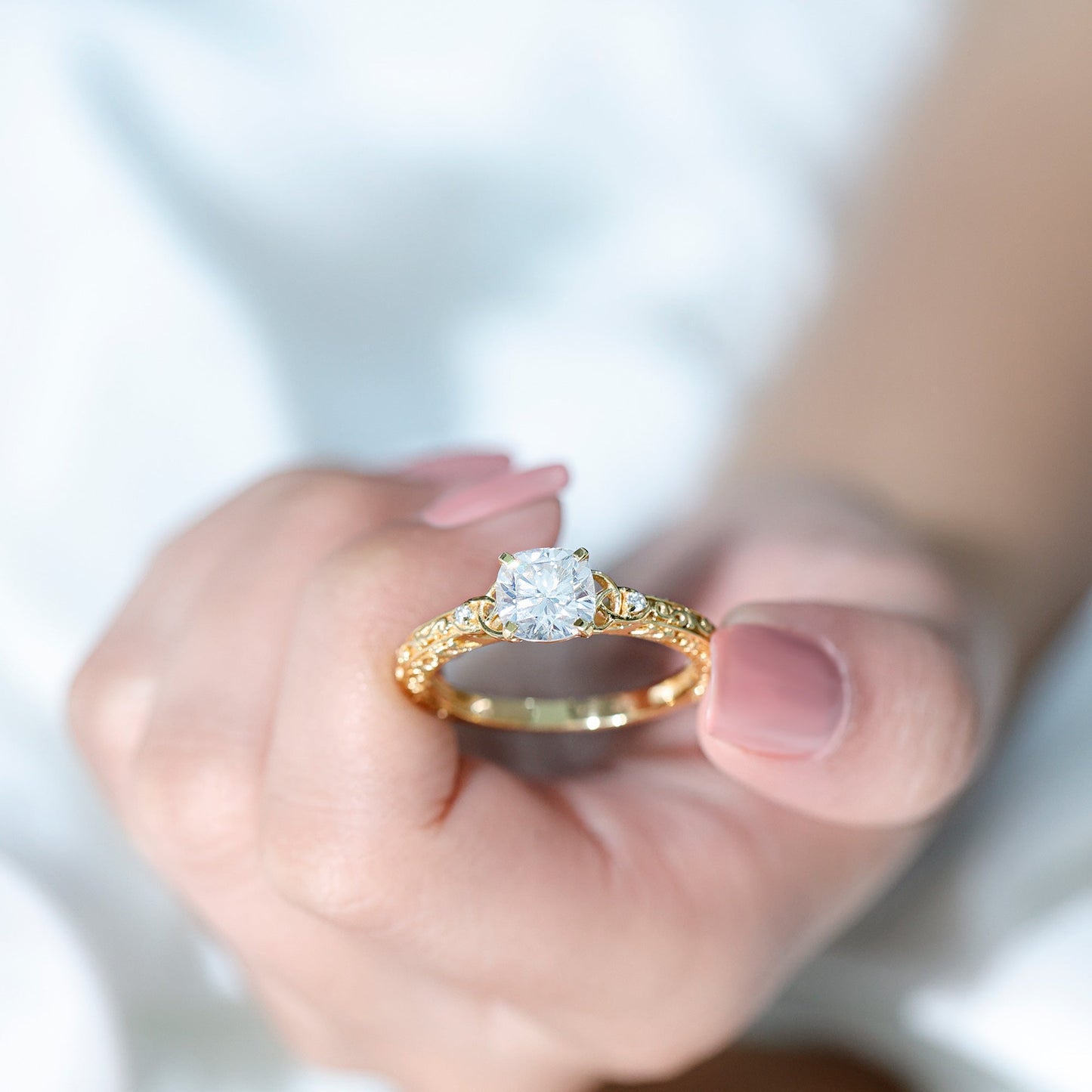 Cushion Cut Moissanite Antique Style Engagement Ring