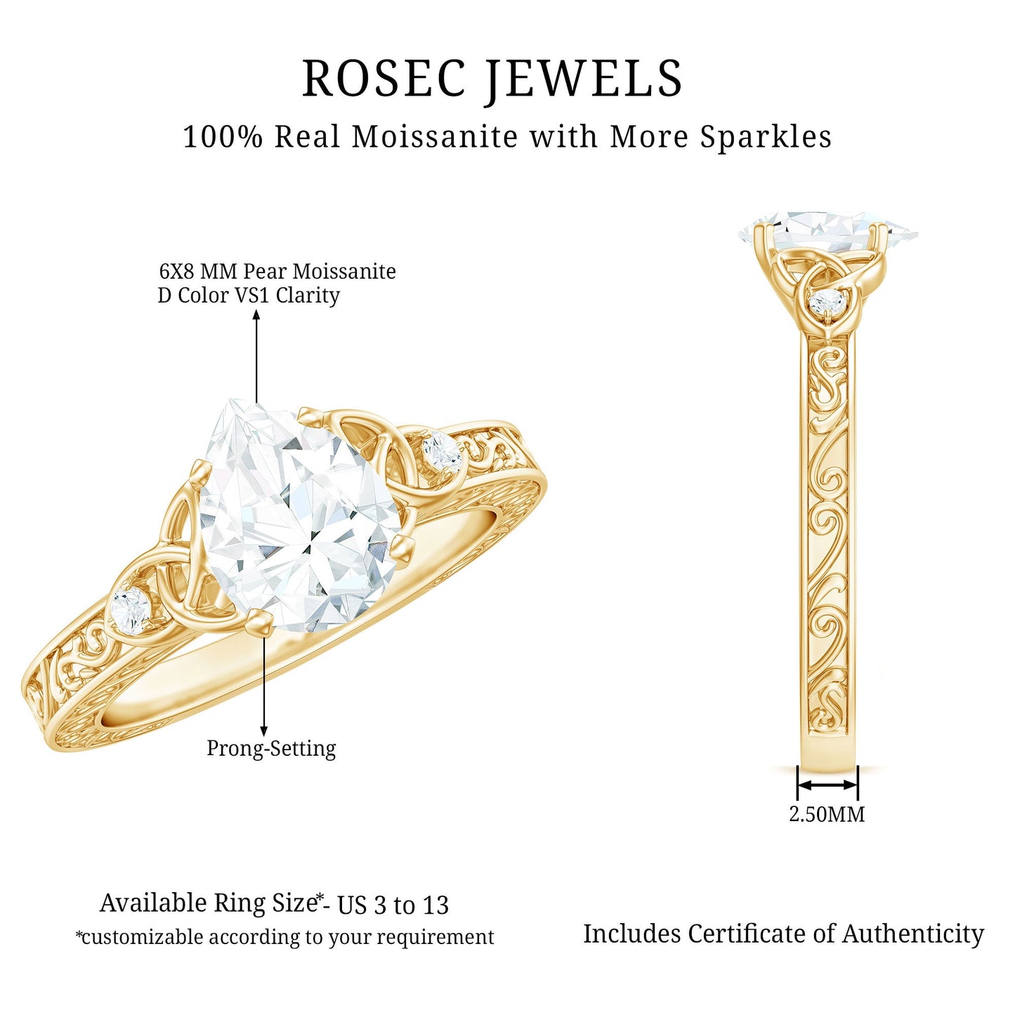 1.3 Carat Certified Moissanite Teardrop Solitaire Engagement Ring with Engraved Shank