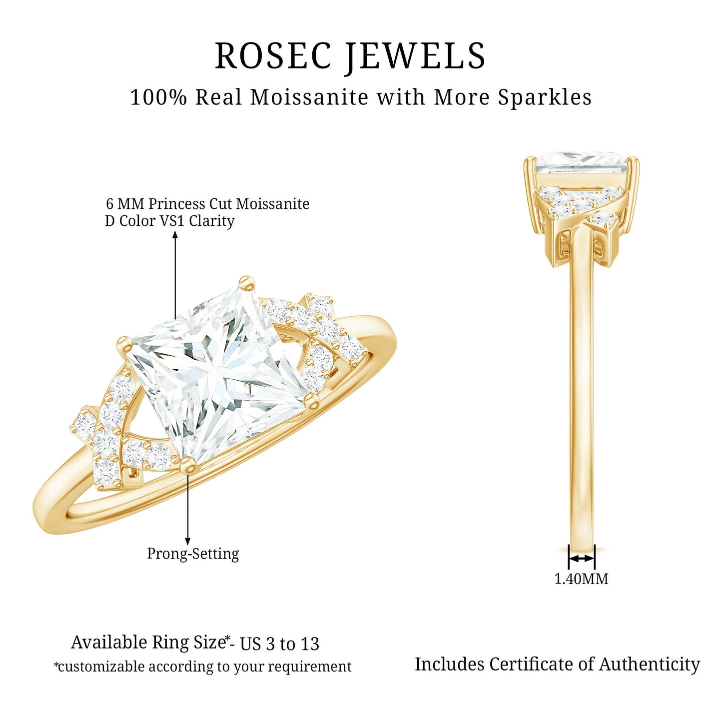 1.2 Carat Princess Cut Moissanite Solitaire Engagement Ring