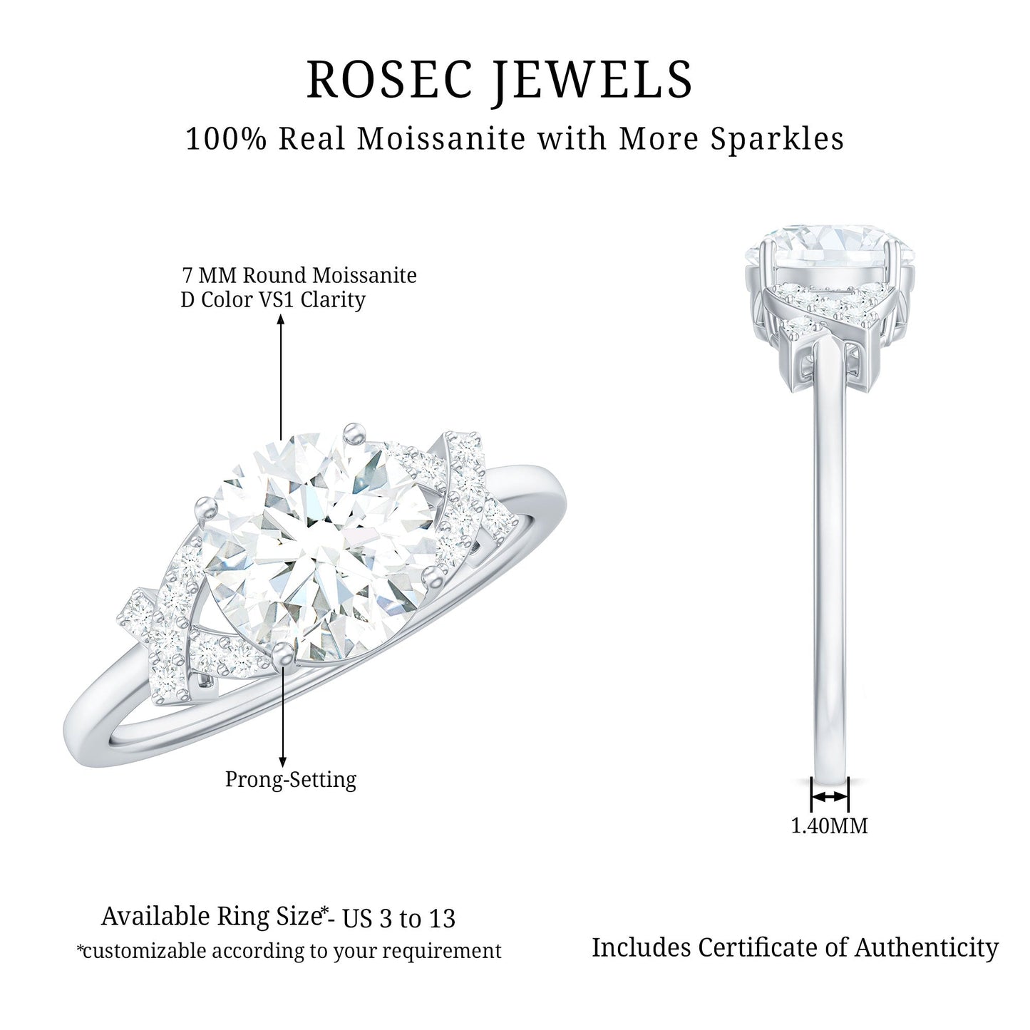 1.3 Carat Brilliant Cut Moissanite Solitaire Engagement Ring for Women