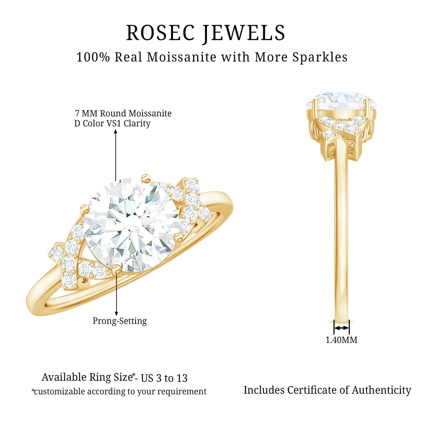 1.3 Carat Brilliant Cut Moissanite Solitaire Engagement Ring for Women