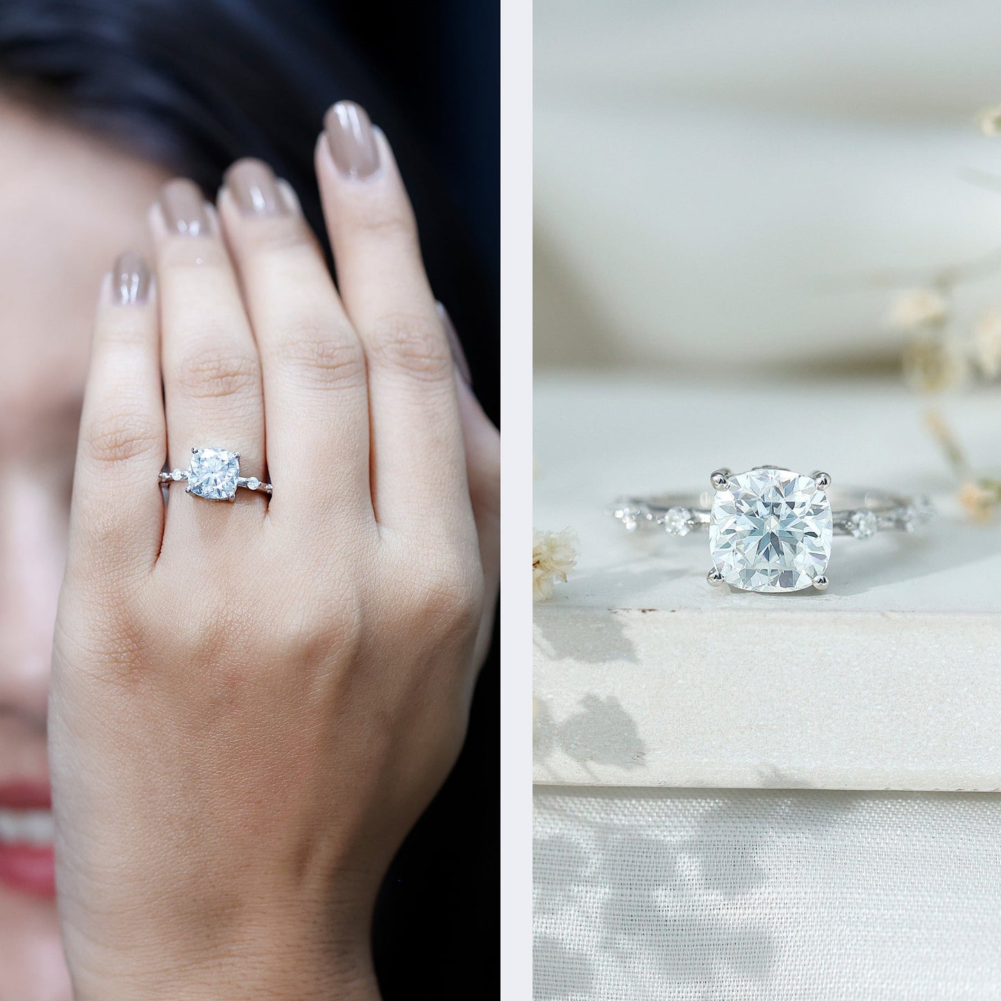 Certified Cushion Cut Moissanite Huge Engagement Ring
