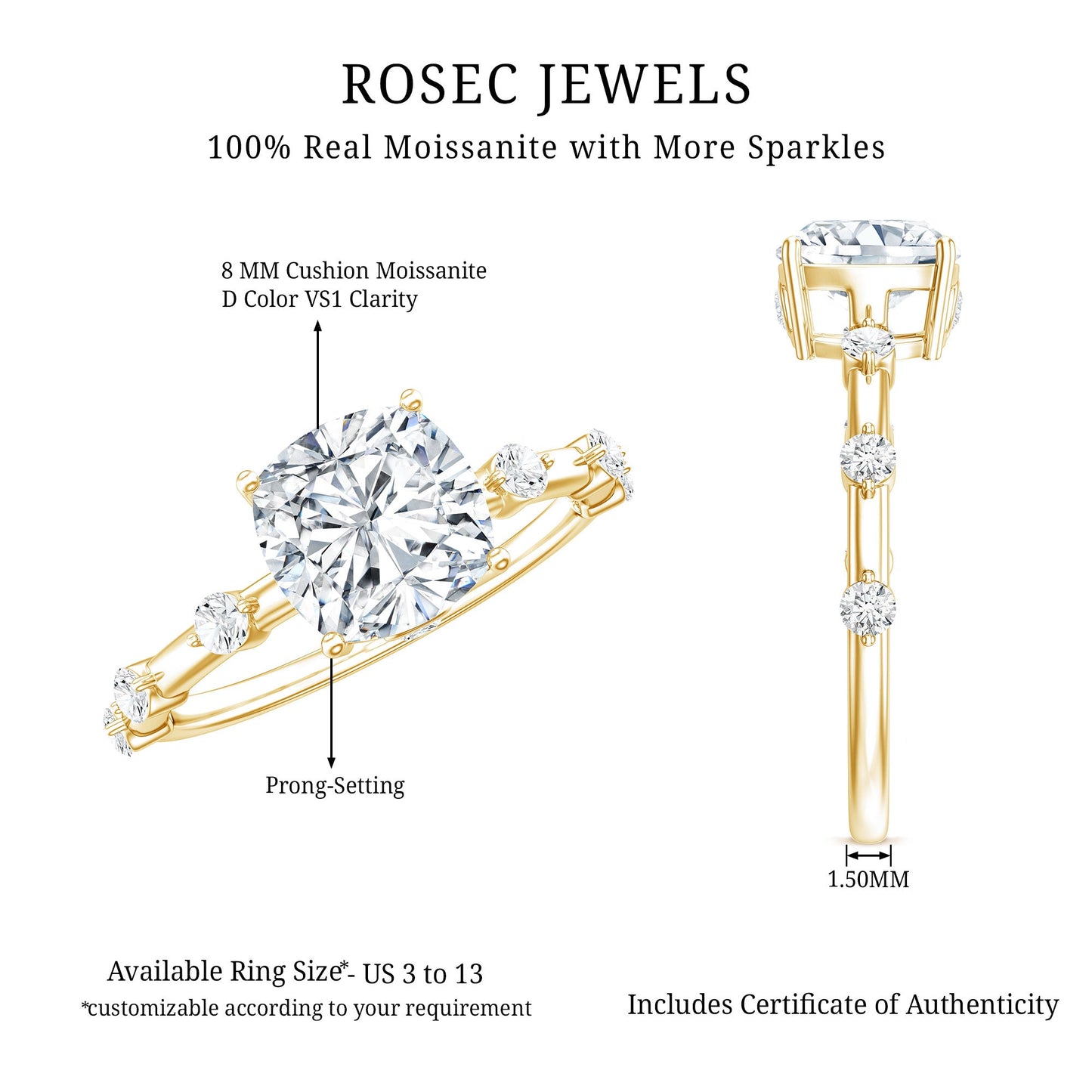 Certified Cushion Cut Moissanite Huge Engagement Ring