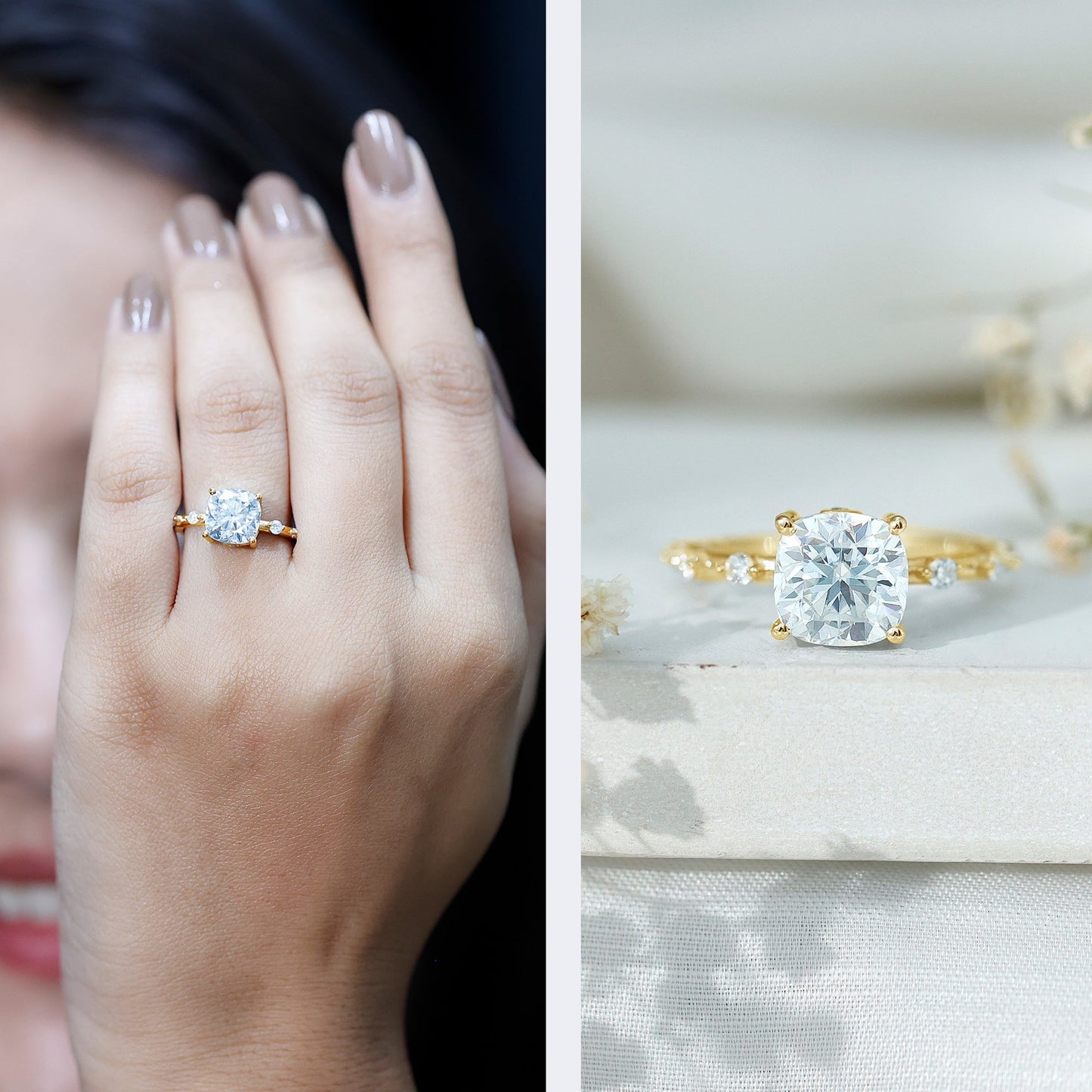 Certified Cushion Cut Moissanite Huge Engagement Ring
